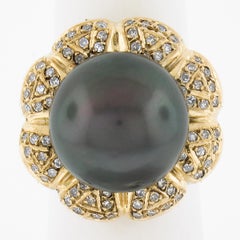 18K Gold 15.05mm Dark Gray Tahitian Pearl w/ Diamond Halo Floral Cocktail Ring