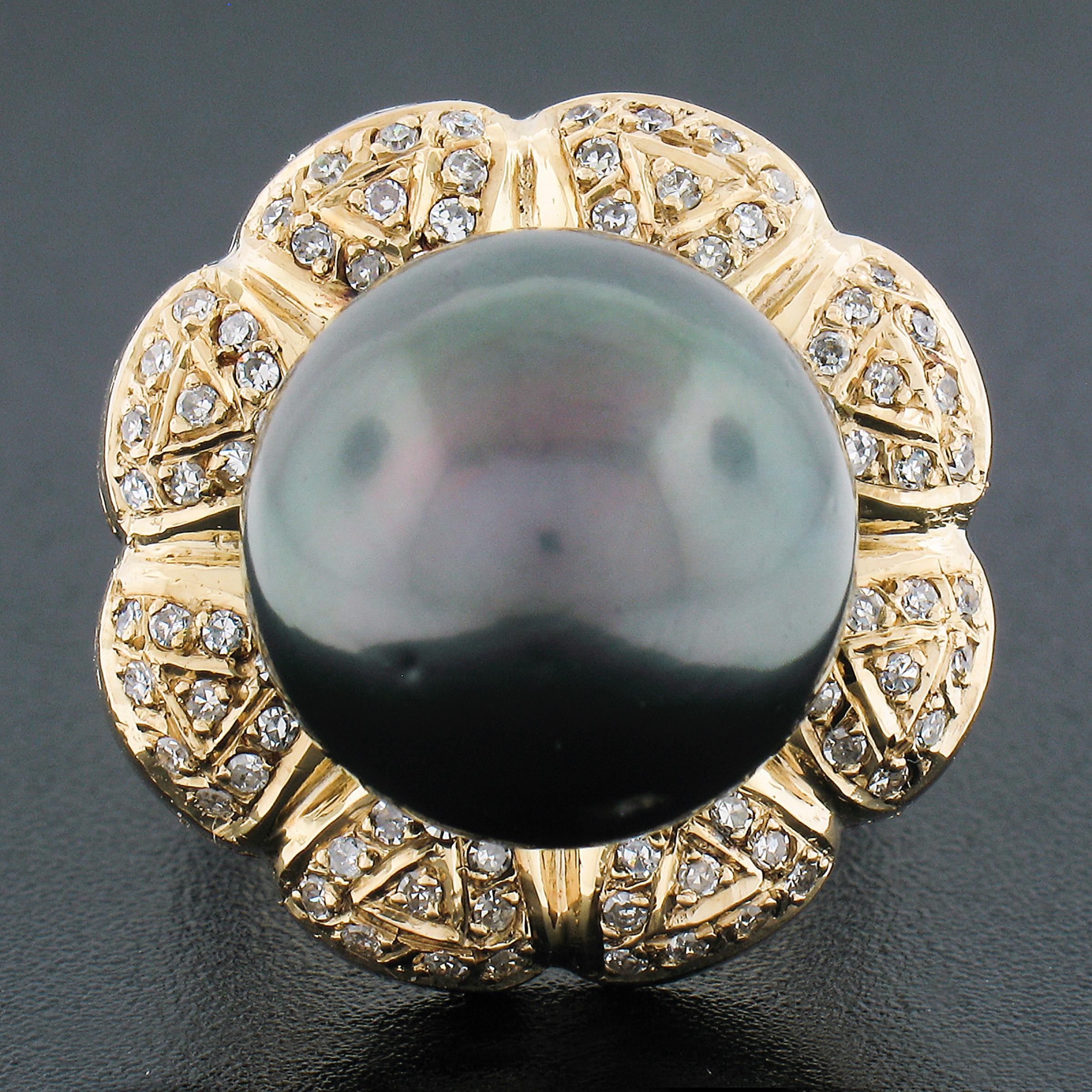 Round Cut 18K Gold 15.05mm Dark Gray Tahitian Pearl w/ Diamond Halo Floral Cocktail Ring For Sale