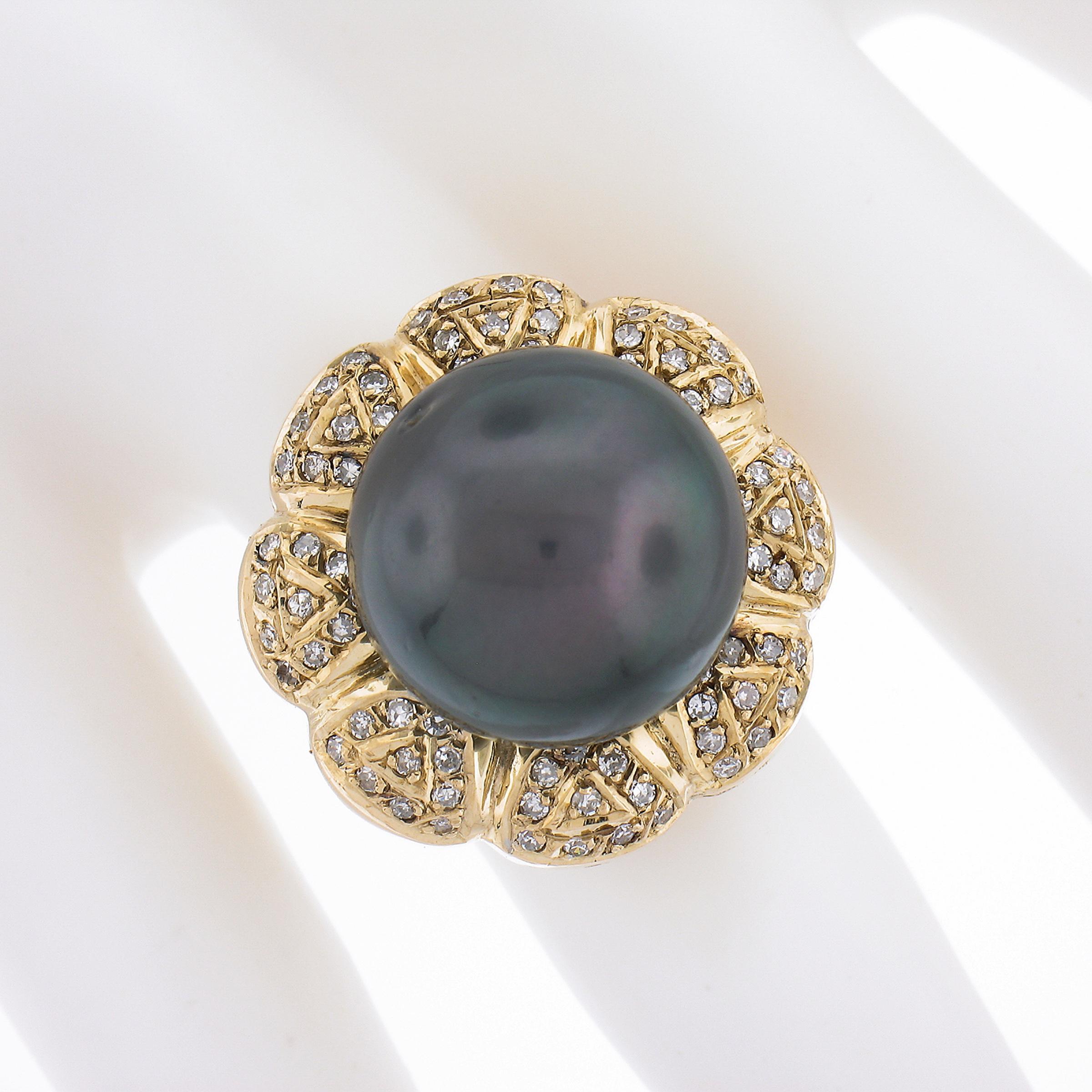18K Gold 15.05mm Dark Gray Tahitian Pearl w/ Diamond Halo Floral Cocktail Ring In Excellent Condition For Sale In Montclair, NJ