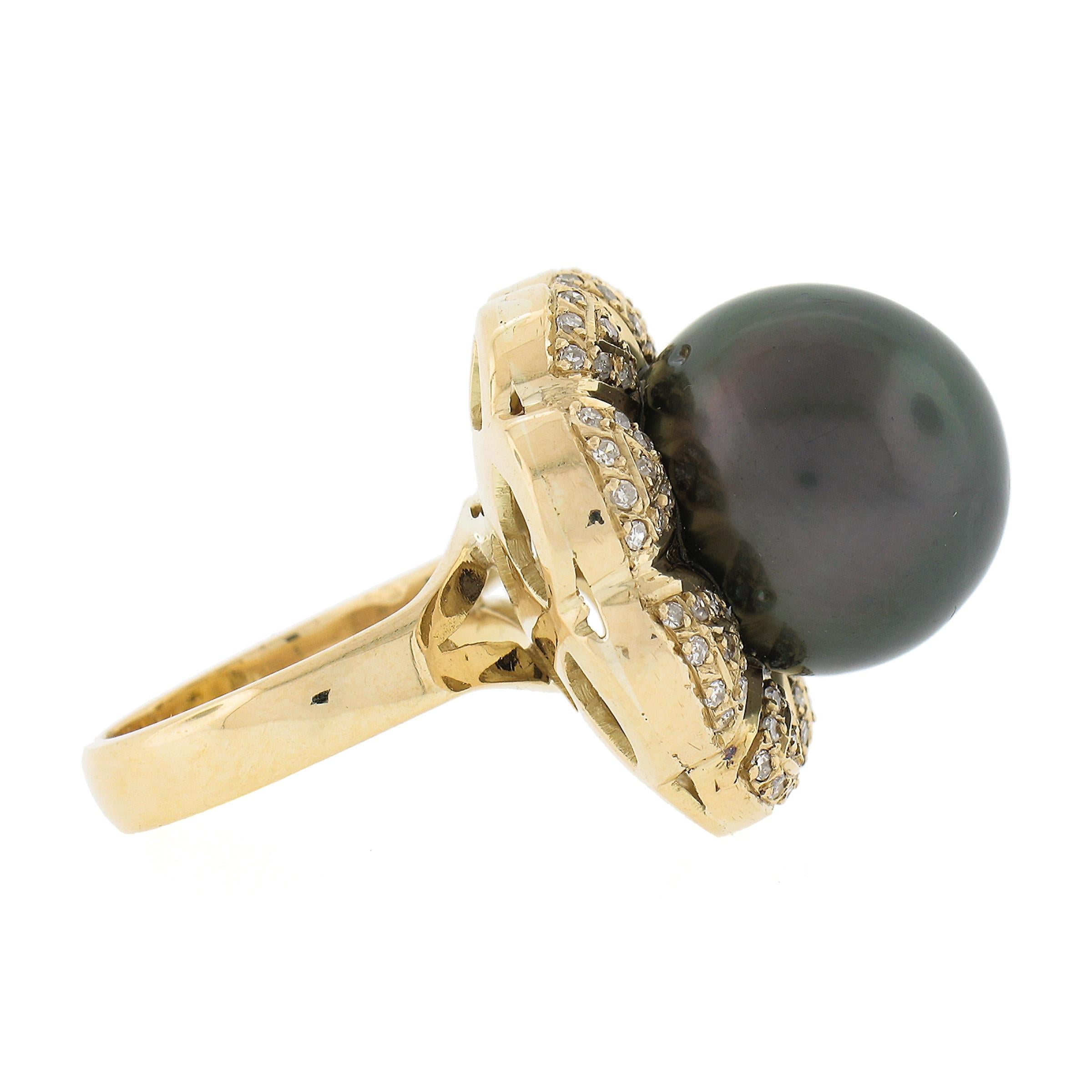 Women's 18K Gold 15.05mm Dark Gray Tahitian Pearl w/ Diamond Halo Floral Cocktail Ring For Sale