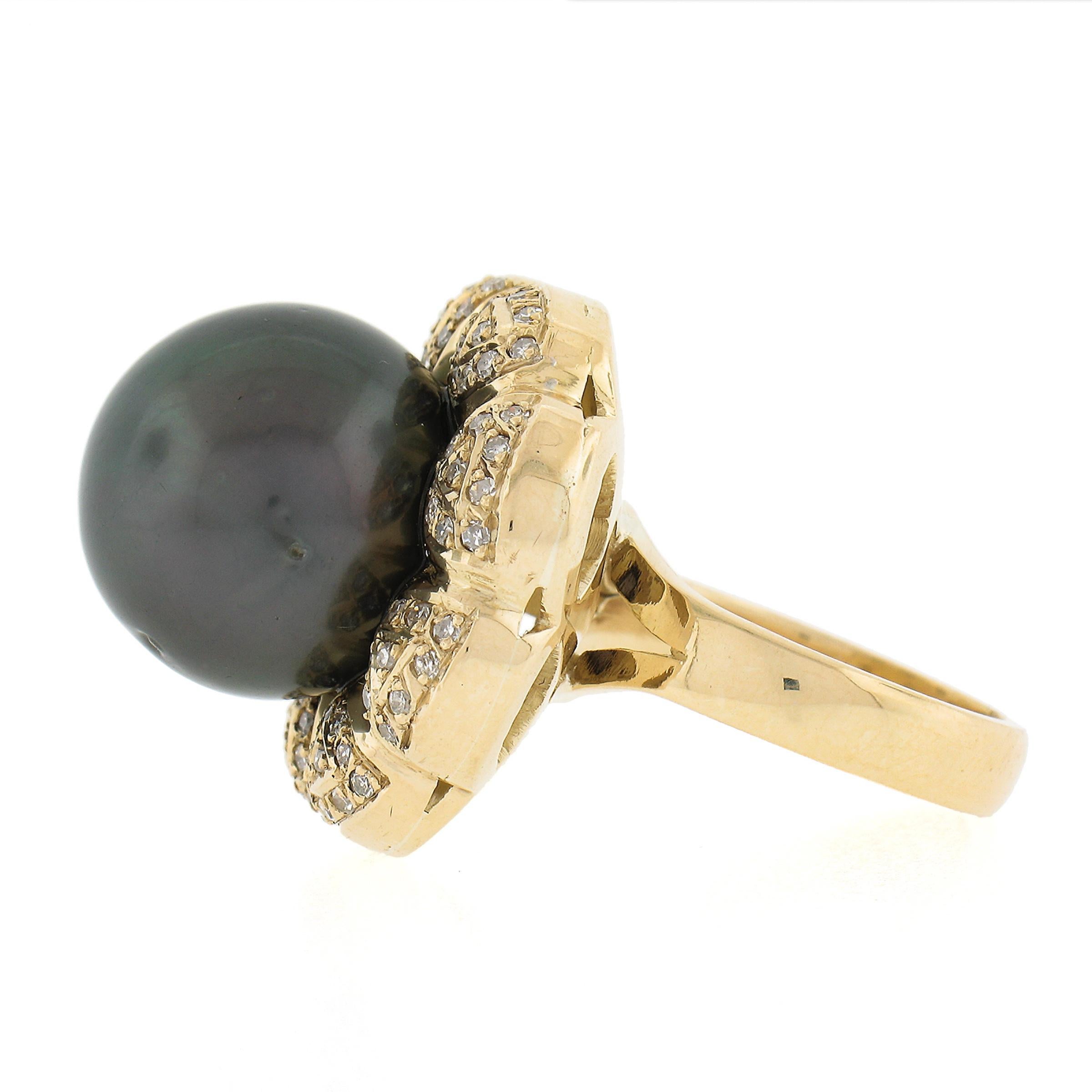 18K Gold 15.05mm Dark Gray Tahitian Pearl w/ Diamond Halo Floral Cocktail Ring For Sale 1