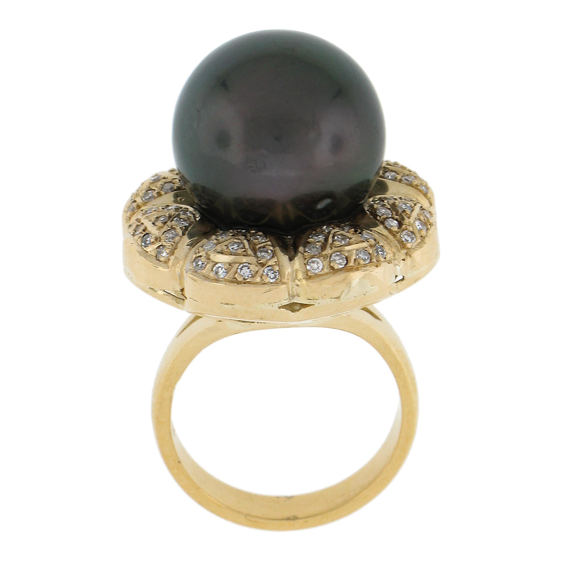 18K Gold 15.05mm Dark Gray Tahitian Pearl w/ Diamond Halo Floral Cocktail Ring For Sale 3