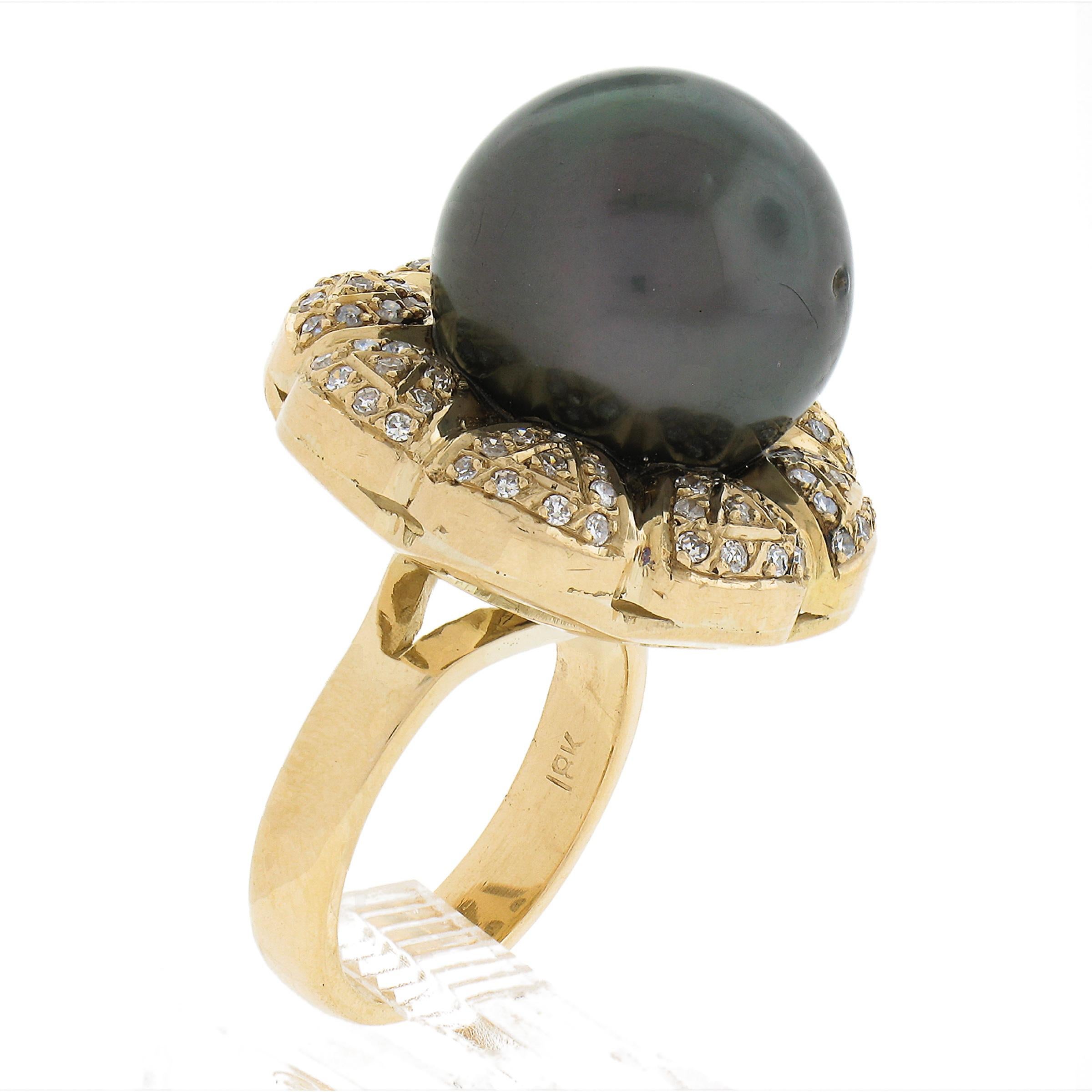 18K Gold 15.05mm Dark Gray Tahitian Pearl w/ Diamond Halo Floral Cocktail Ring For Sale 4