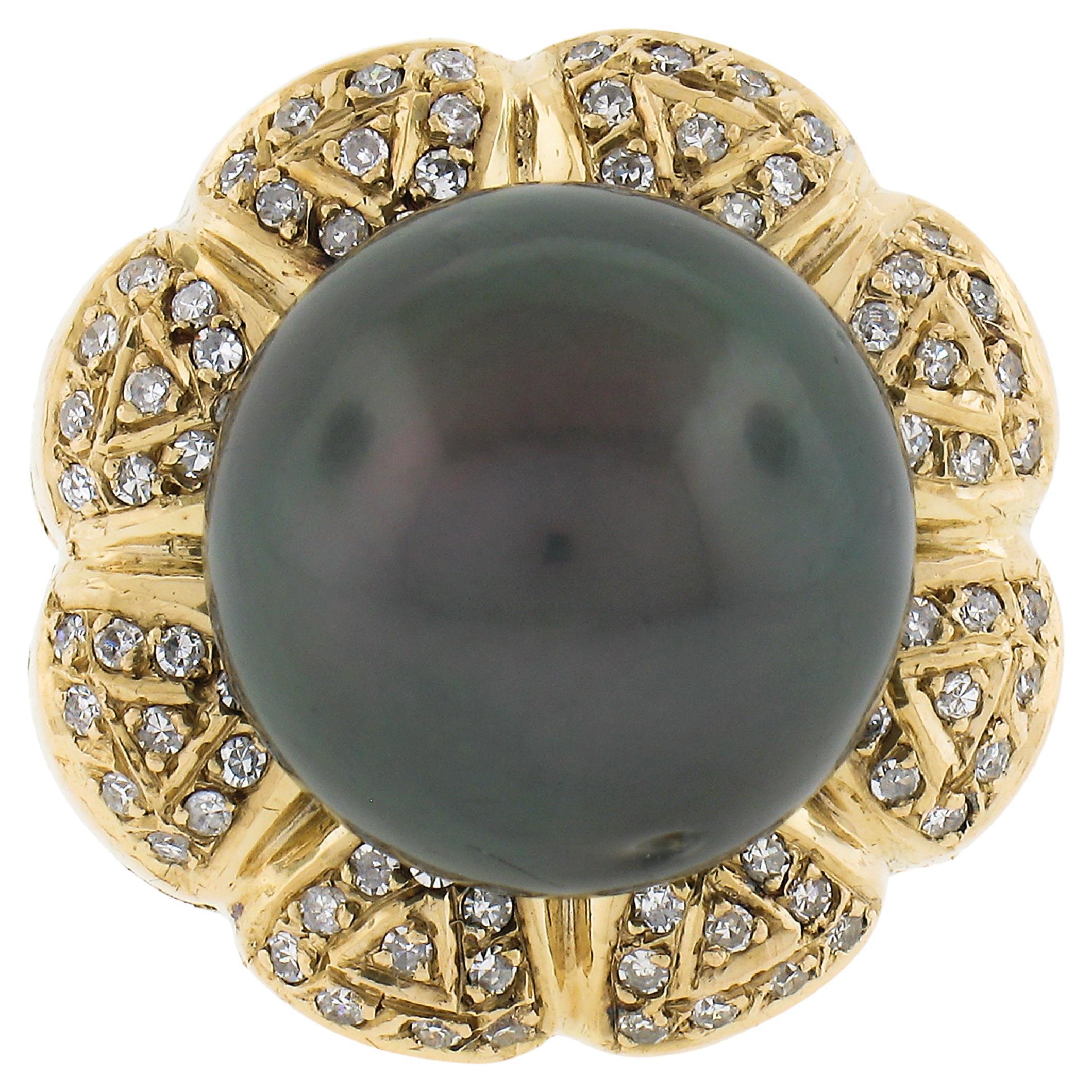18K Gold 15.05mm Dark Gray Tahitian Pearl w/ Diamond Halo Floral Cocktail Ring For Sale
