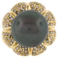 18K Gold 15.05mm Dark Gray Tahitian Pearl w/ Diamond Halo Floral Cocktail Ring