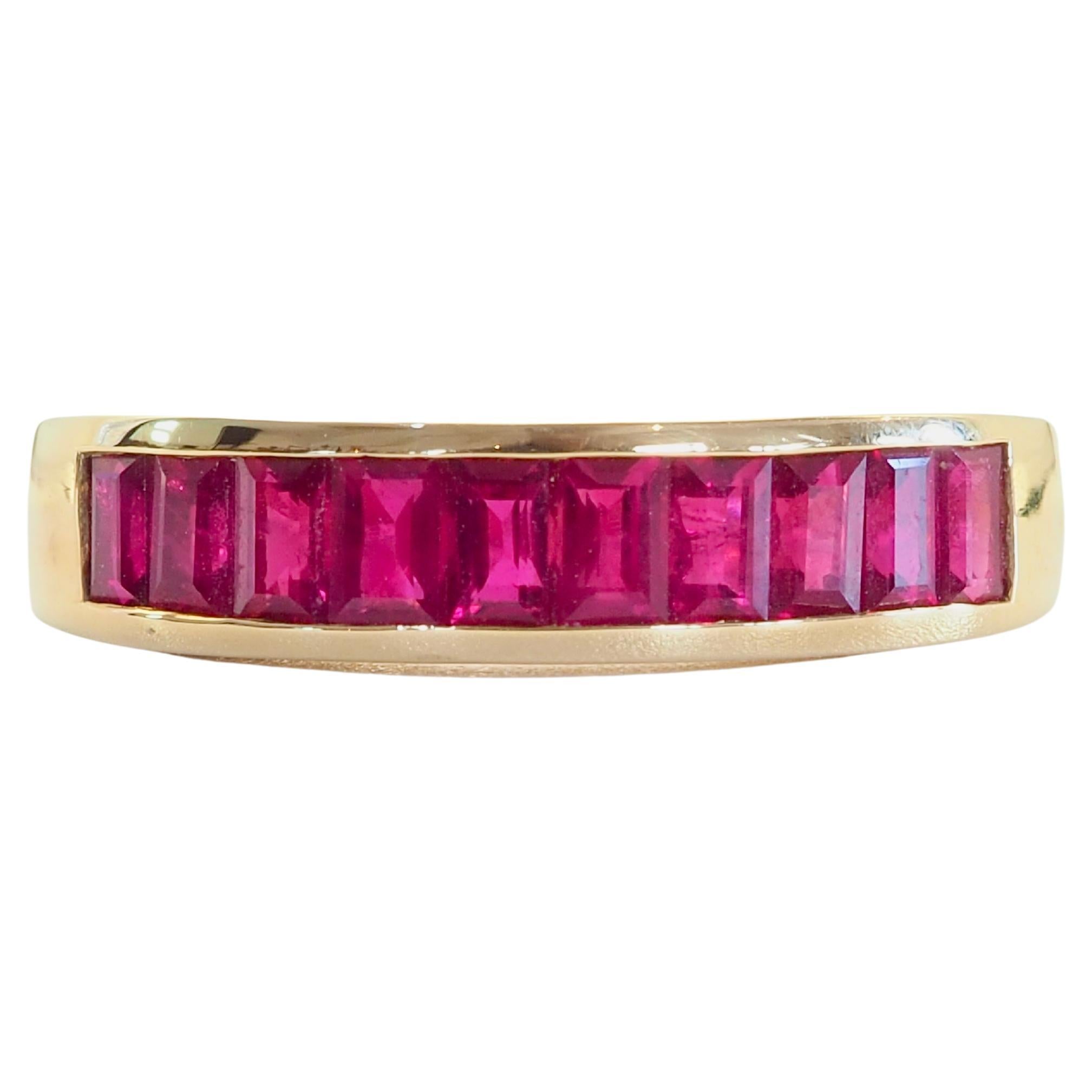 18K Gold 1.50ct Baguette Cut Ruby Band Ring, Size 6.5 For Sale