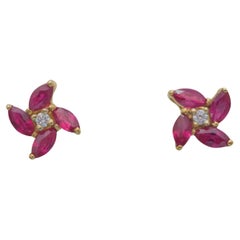 18K Gold 1.50ct Marquise Ruby & 0.04ct Diamond Stud Earrings