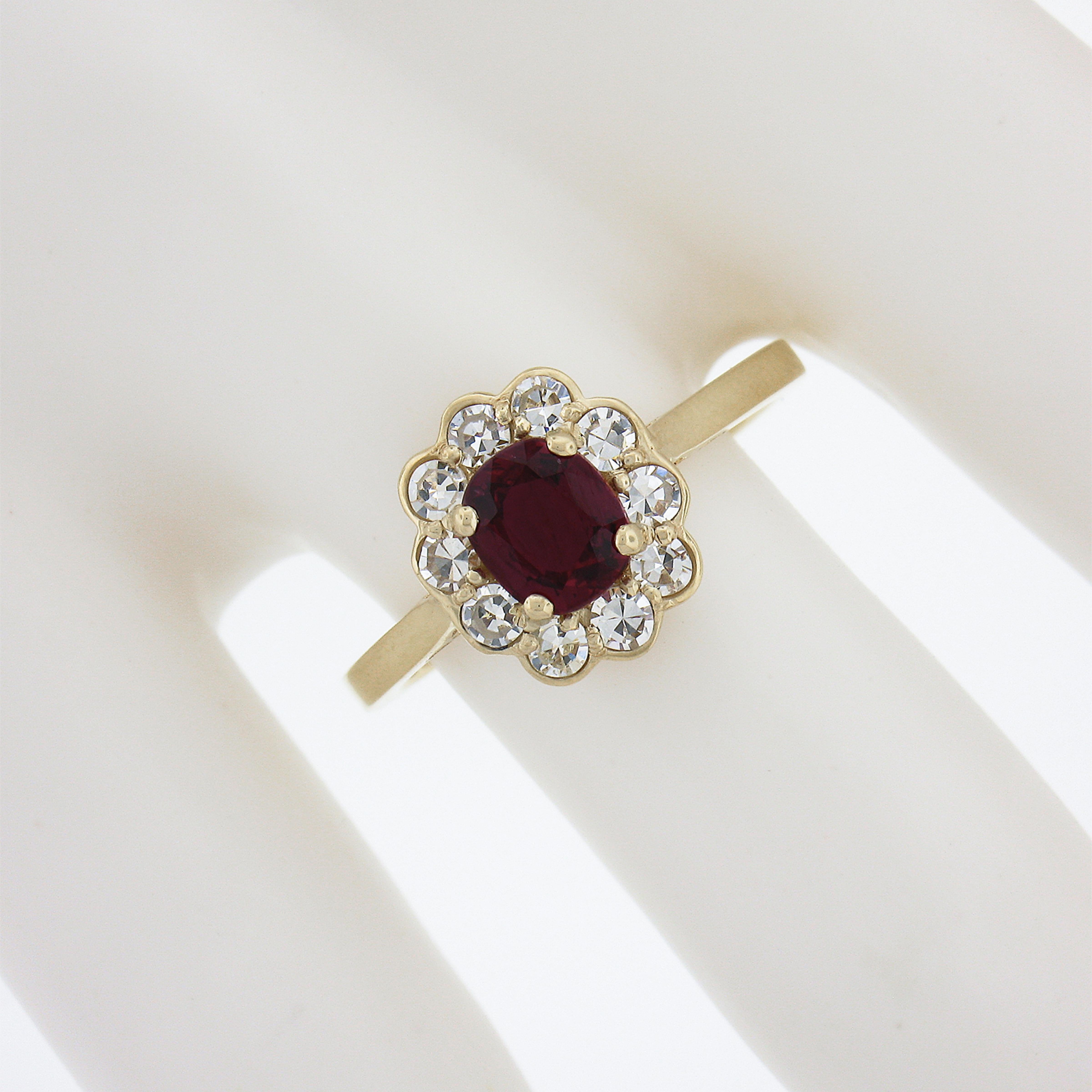 18k Gold 1.51ctw GIA No Heat Cushion Vivid Red Ruby & Diamond Flower Halo Ring In New Condition For Sale In Montclair, NJ