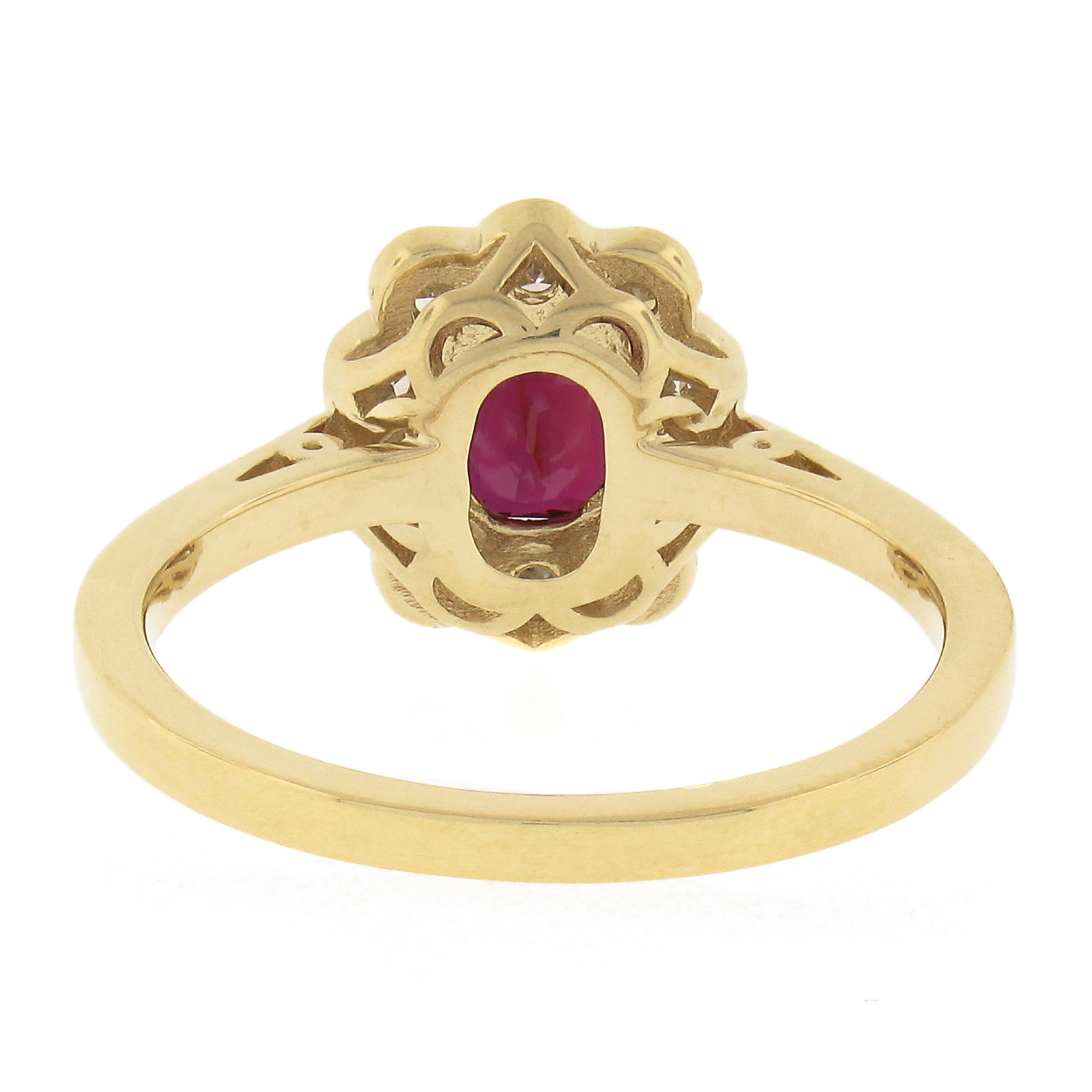 18k Gold 1.51ctw GIA No Heat Cushion Vivid Red Ruby & Diamond Flower Halo Ring For Sale 2