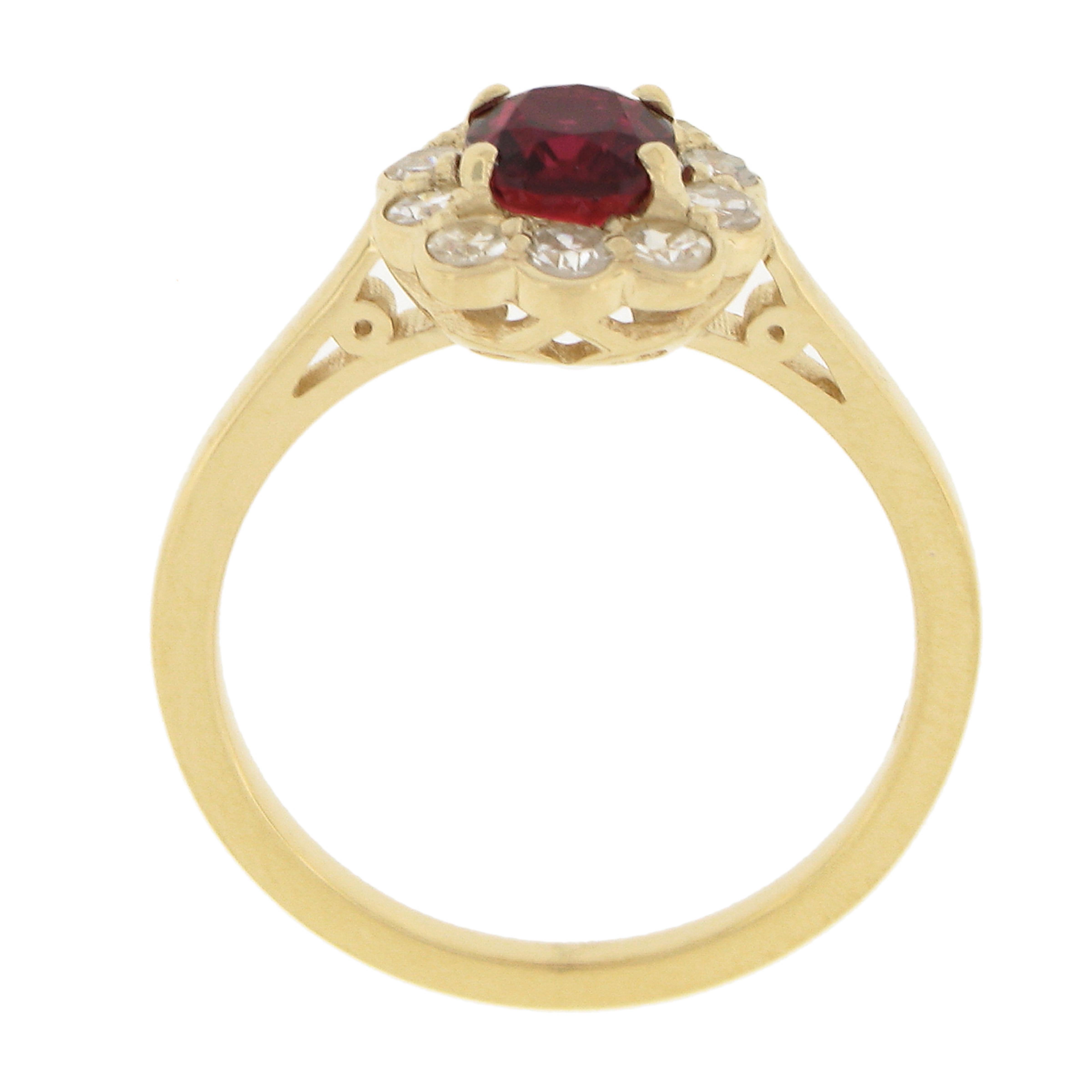 18k Gold 1.51ctw GIA No Heat Cushion Vivid Red Ruby & Diamond Flower Halo Ring For Sale 3