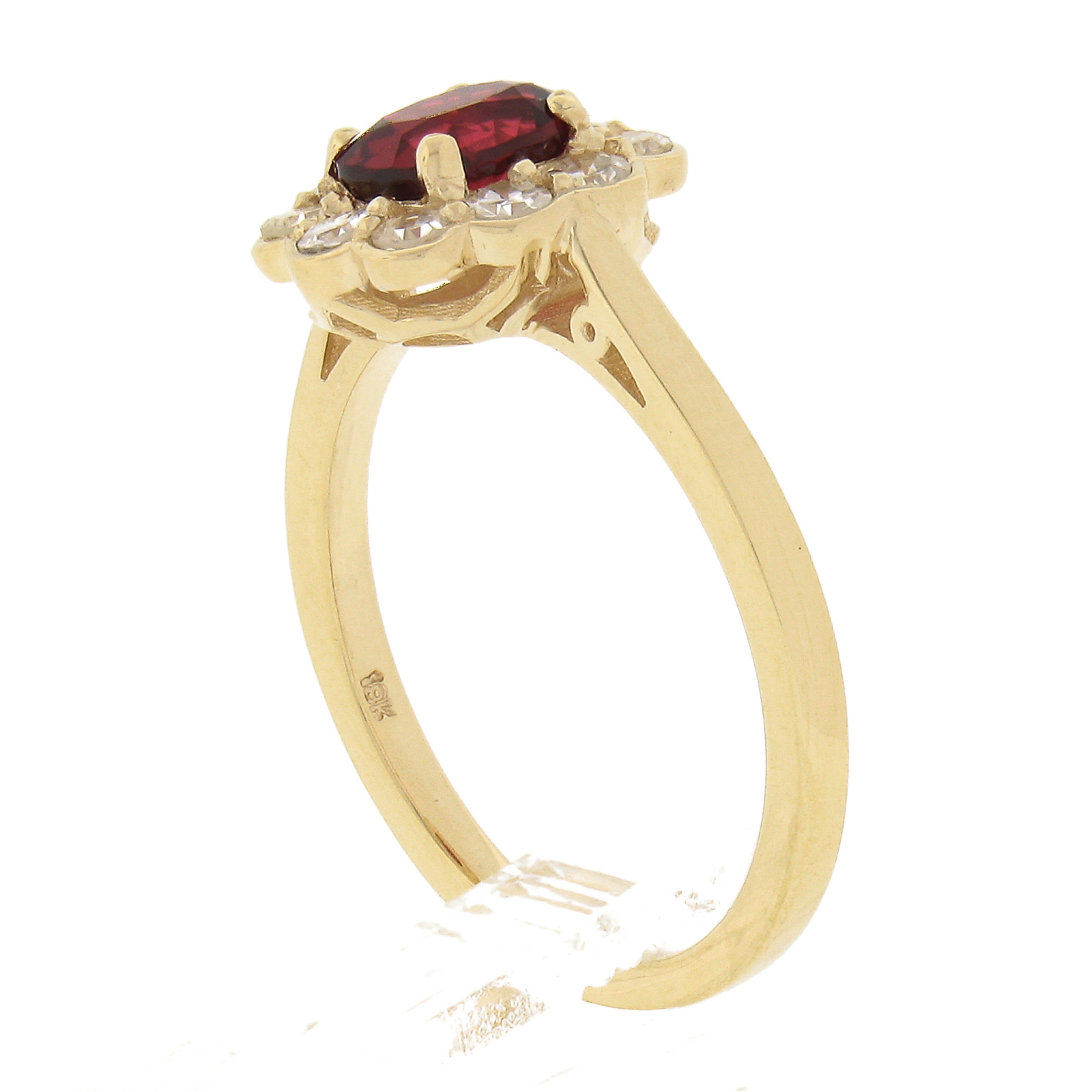 18k Gold 1.51ctw GIA No Heat Cushion Vivid Red Ruby & Diamond Flower Halo Ring For Sale 4