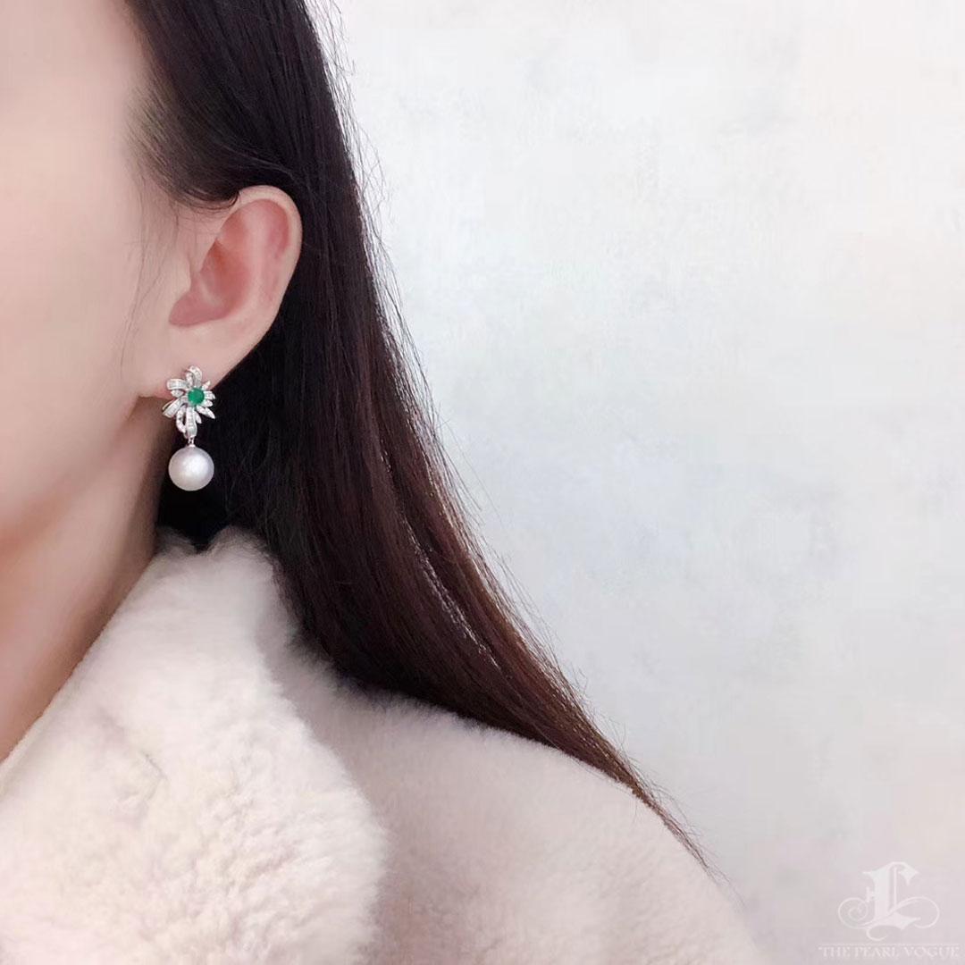 Uncut 【Vine Symphony】Palm Bloom Aurora South Sea Pearl Emerald Diamond Drop Earrings For Sale
