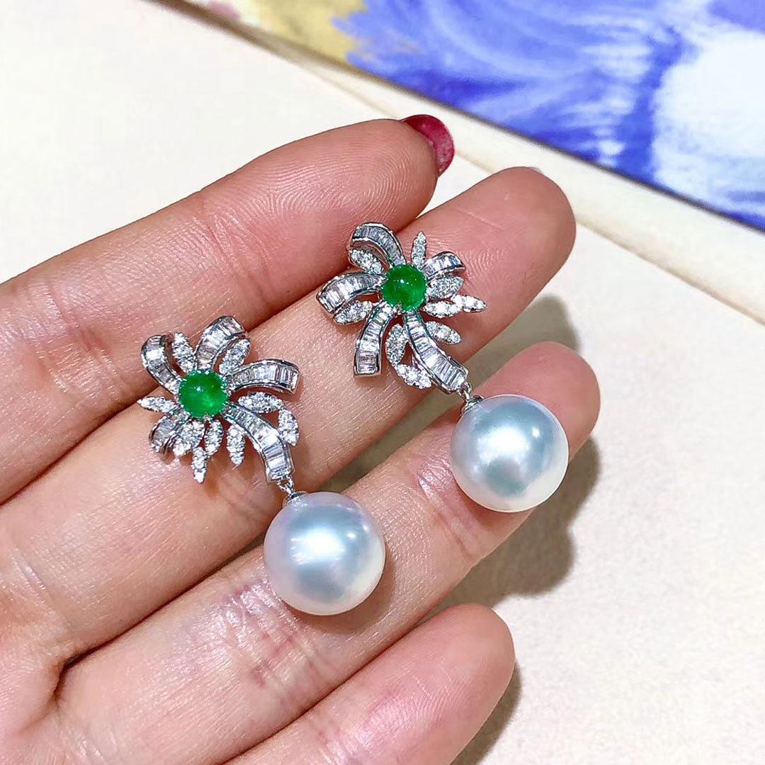 Women's 【Vine Symphony】Palm Bloom Aurora South Sea Pearl Emerald Diamond Drop Earrings For Sale