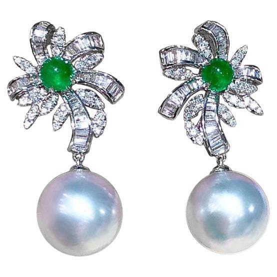 【Vine Symphony】Palm Bloom Aurora South Sea Pearl Emerald Diamond Drop Earrings