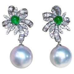 【Vine Symphony】Palm Bloom Aurora South Sea Pearl Emerald Diamond Drop Earrings
