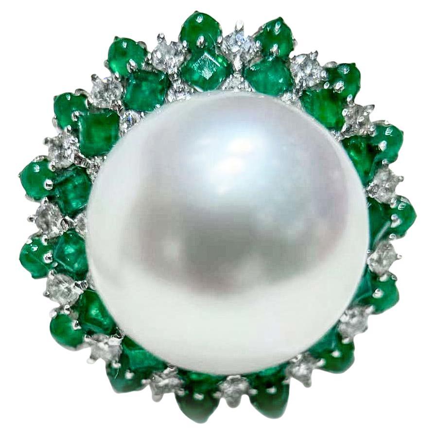 【Crown Radiance】Starburst Emerald Halo Aurora South Sea Pearl Cocktail Ring