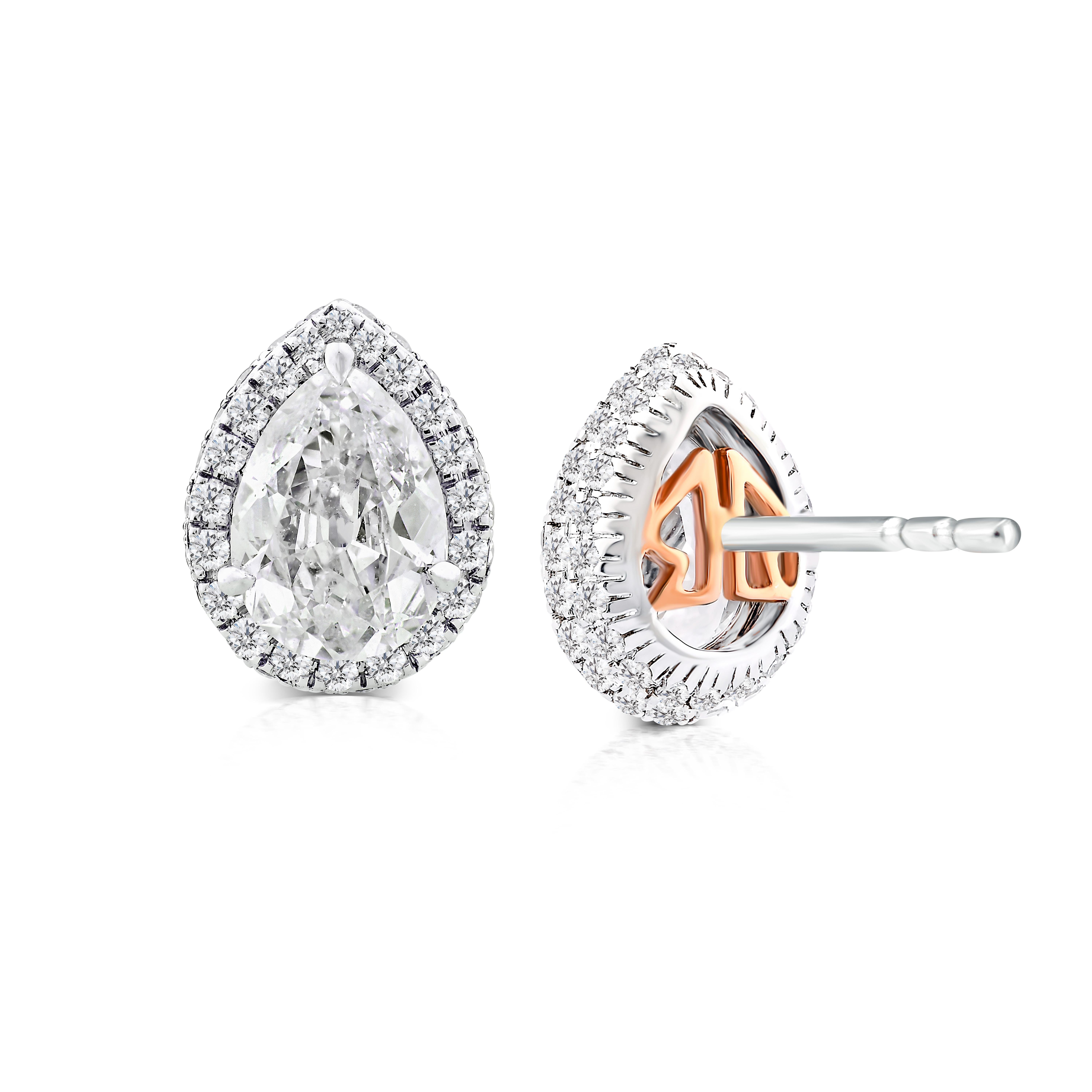 Old Mine Cut 18k Gold 1.57 Ct Old Cut Pear Diamond Halo Earrings Studs Contemporary Earrings For Sale
