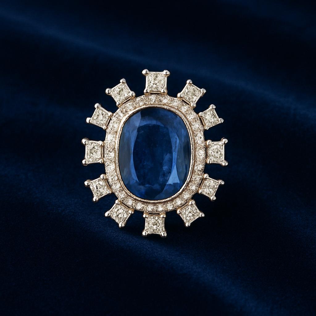A very important and gorgeous Burma Blue Sapphire and diamond cocktail ring set in 18K white gold. The Blue Sapphire, is a Burma natural, no heat, and weighs 15.88 carats. The weight of the princess diamonds is . The ring is made in Indian ring size