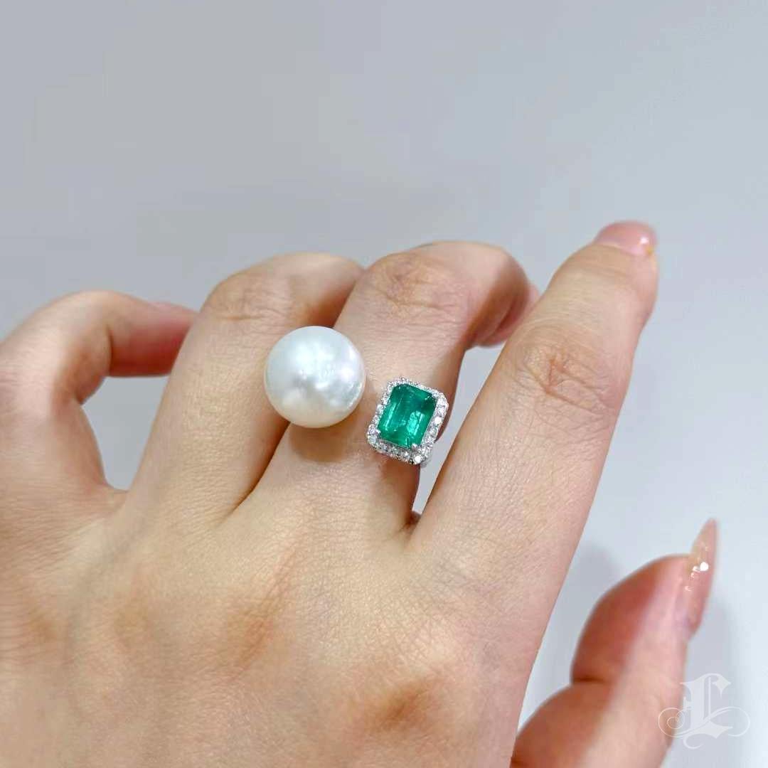 Uncut 【Sculpted Geometry】Twin Gleam Emerald Aurora South Sea Pearl Diamond Ring For Sale