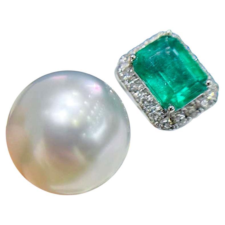 【Sculpted Geometry】Twin Gleam Emerald Aurora South Sea Pearl Diamond Ring