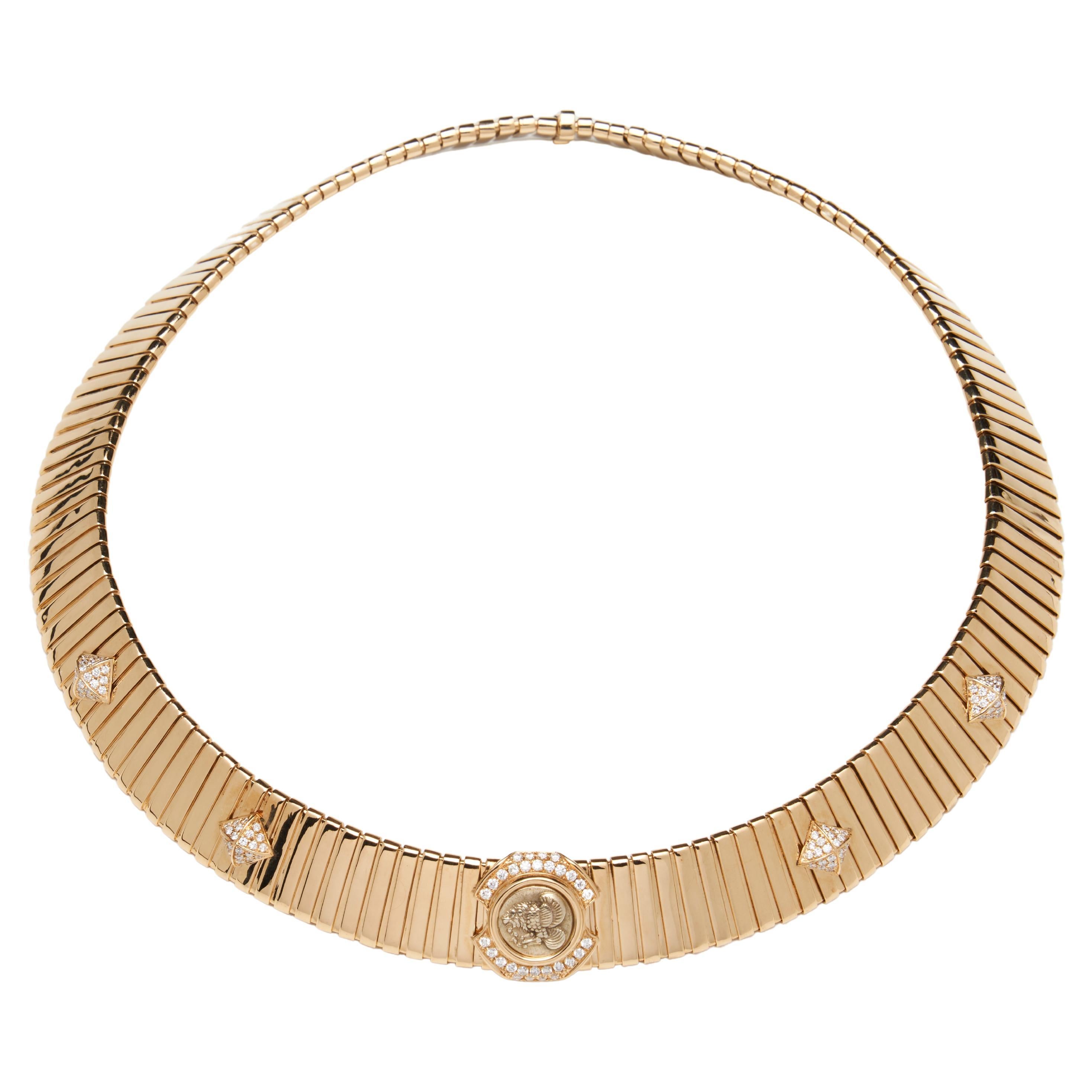 18k Gold Greek Coin Omega Collar Necklace with Diamonds For Sale