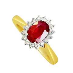 18K Gold 1.60 Carat Natural Oval Burmese Ruby Cluster Ring With 16 VS/G Diamonds