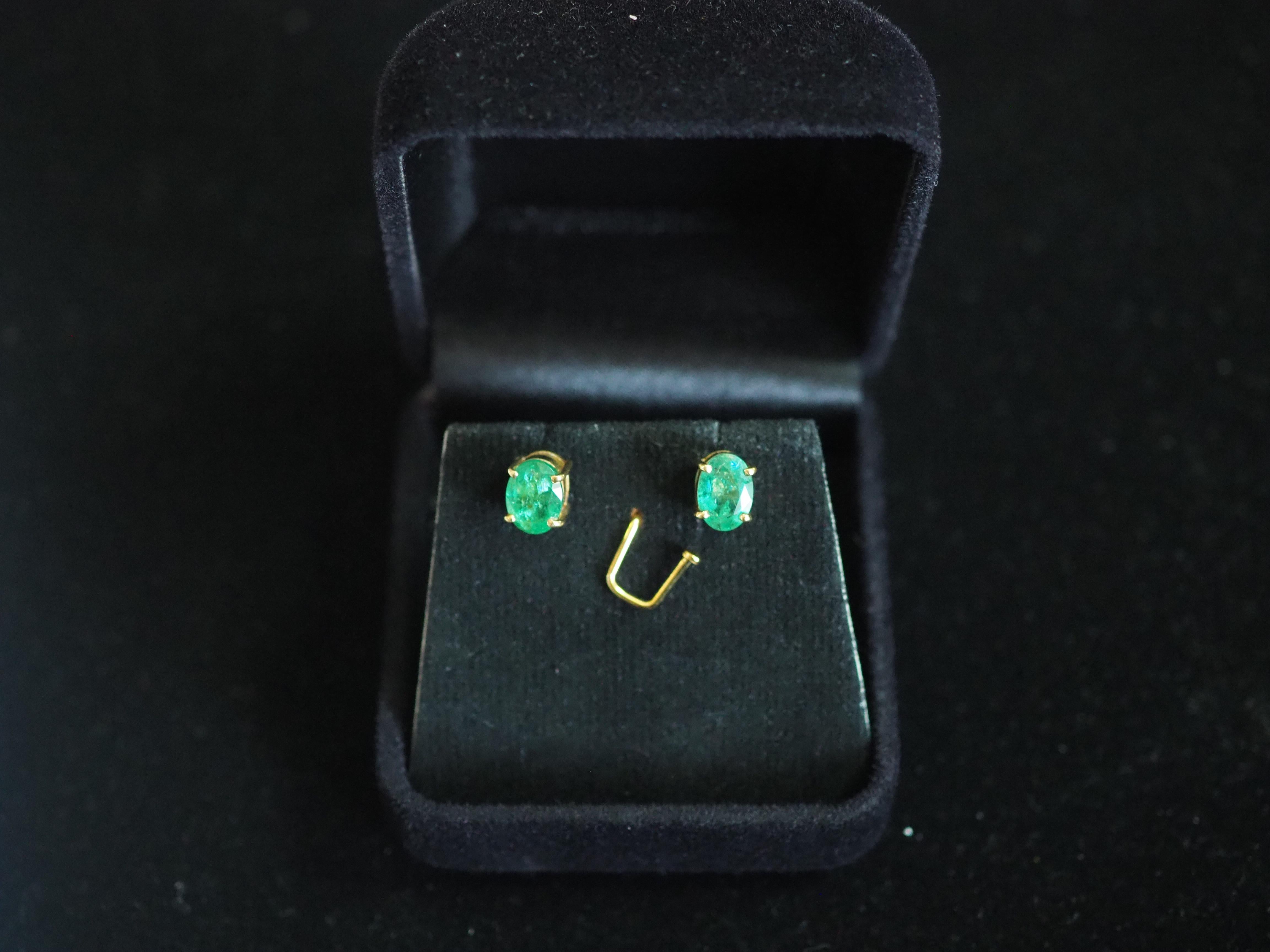 18k Gold 1.60 Carat Oval Zambian Emerald Classic Push Back Stud Earrings 1