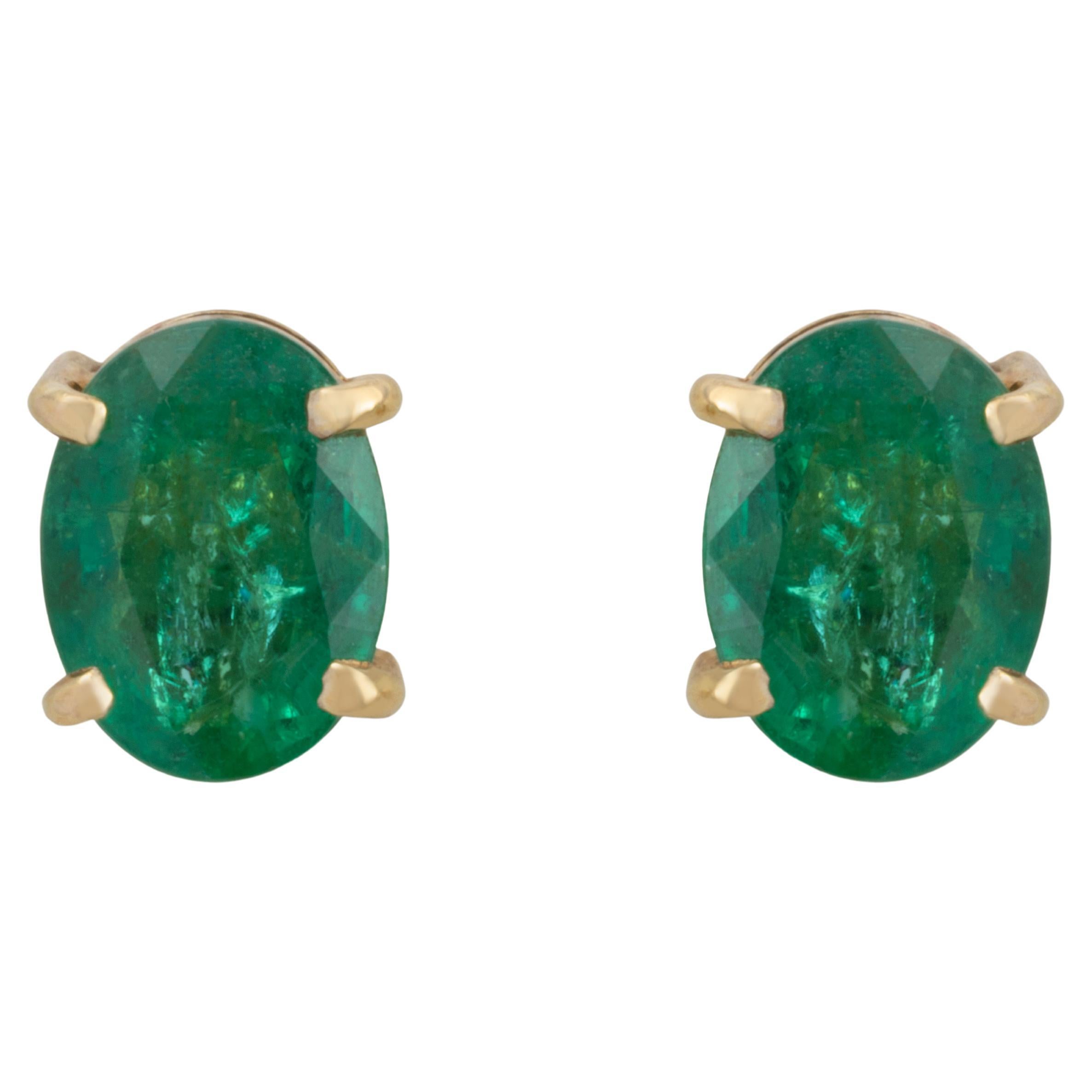 18k Gold 1.60 Carat Oval Zambian Emerald Classic Push Back Stud Earrings