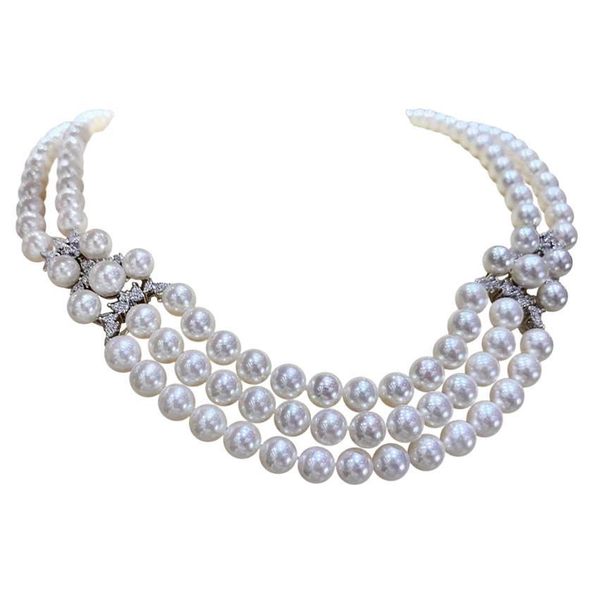 【Crown Radiance】Royal Bloom Triple-Strand Akoya Pearl Necklace with Diamonds