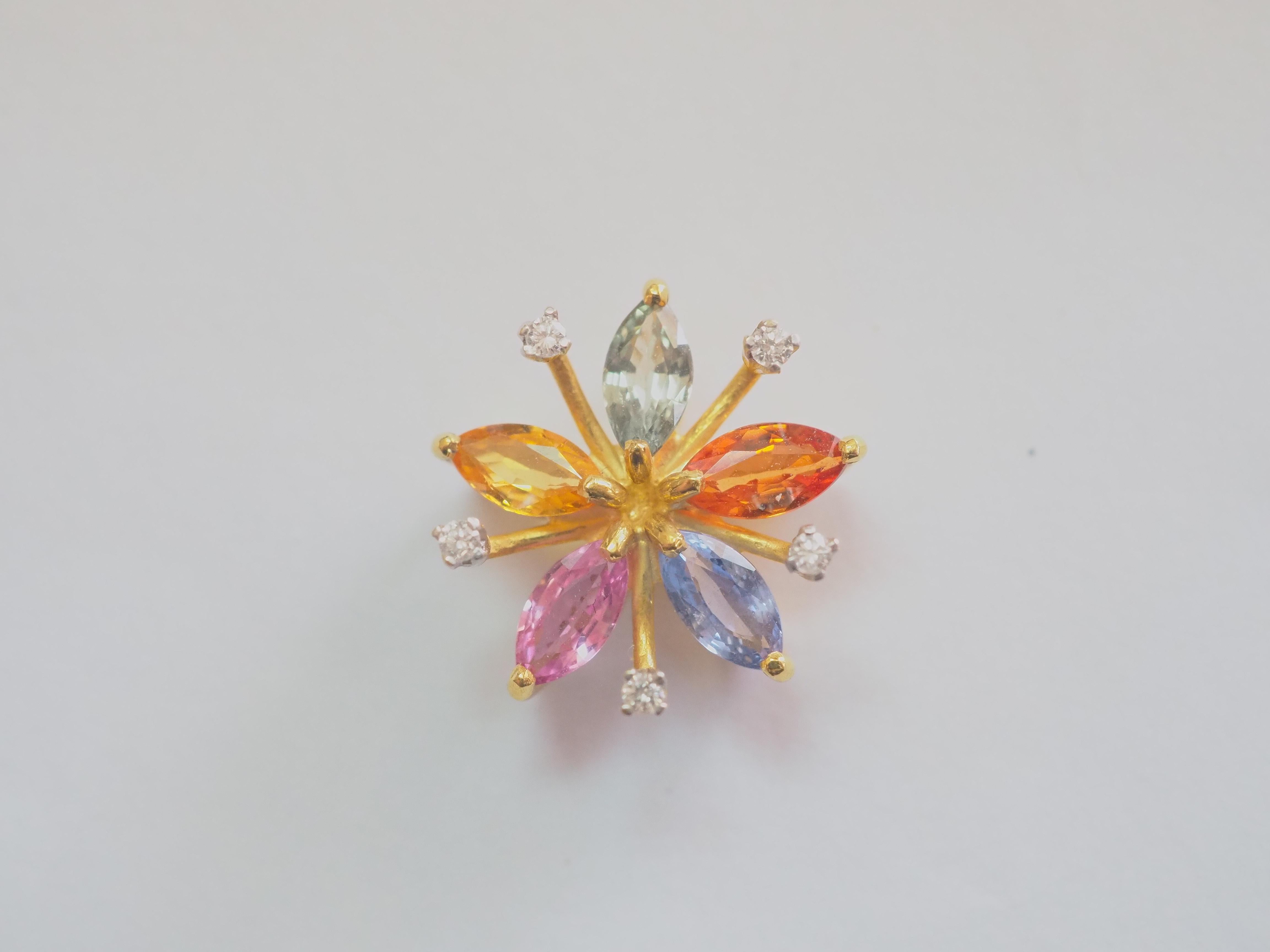 Schätzung der Auktion:
$250 - $1000

Ein schöner und hochwertiger Anhänger mit Blumenmotiv. Dieses schöne Stück wird in unserer Werkstatt aus 18 Karat Gelbgold gefertigt. Das Schmuckstück ist mit 5 wunderschönen grünen, orangefarbenen, gelben,