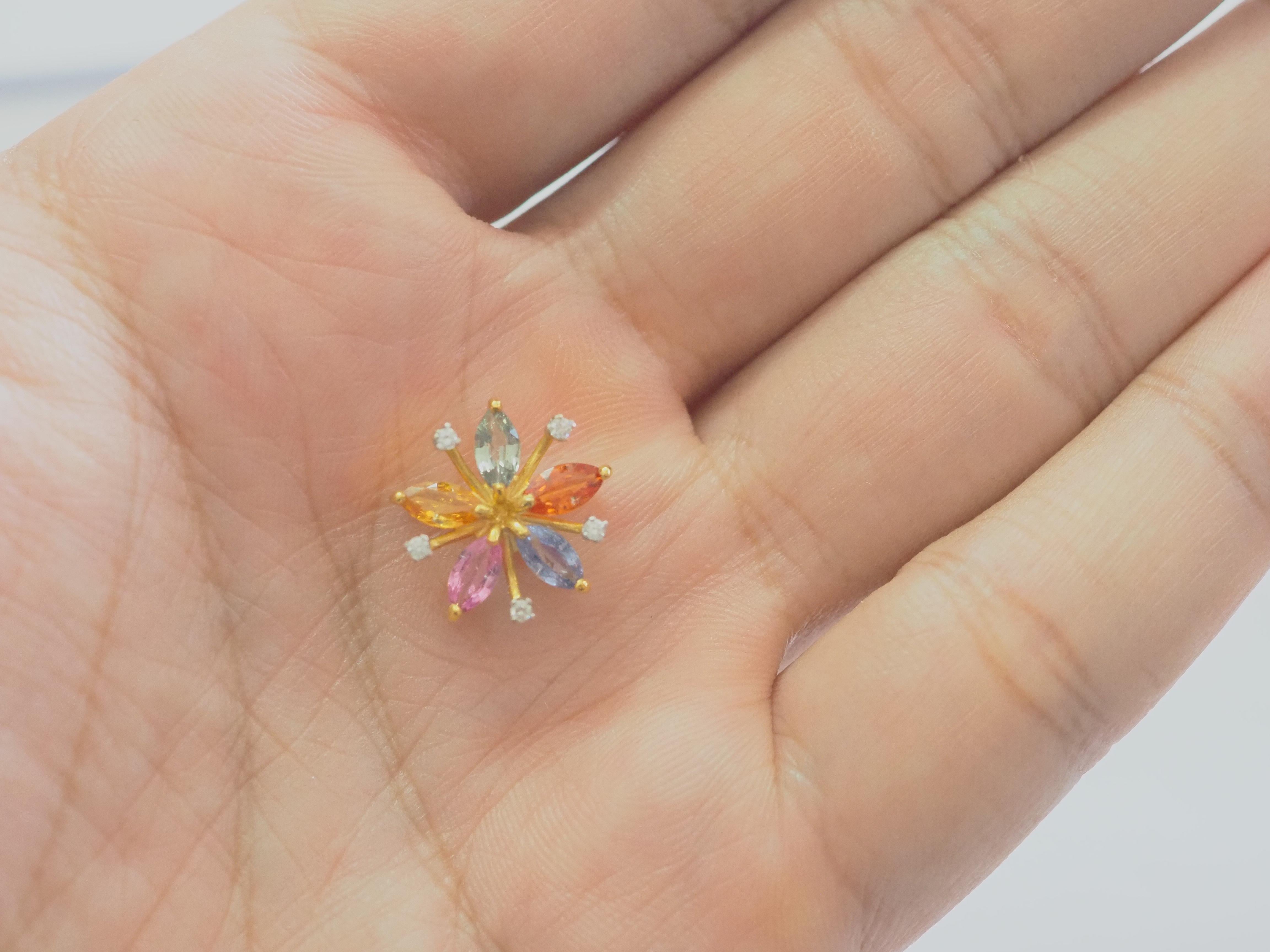 18K Gold 1,65ct Multi Sapphire & 0,08ct Diamant Blume Anhänger Enhancer für Damen oder Herren
