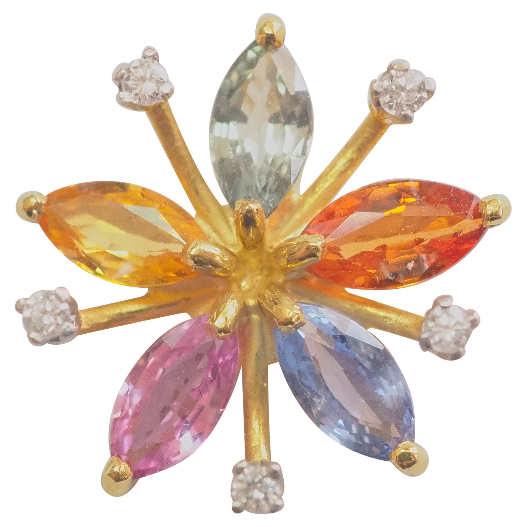 18K Gold 1,65ct Multi Sapphire & 0,08ct Diamant Blume Anhänger Enhancer