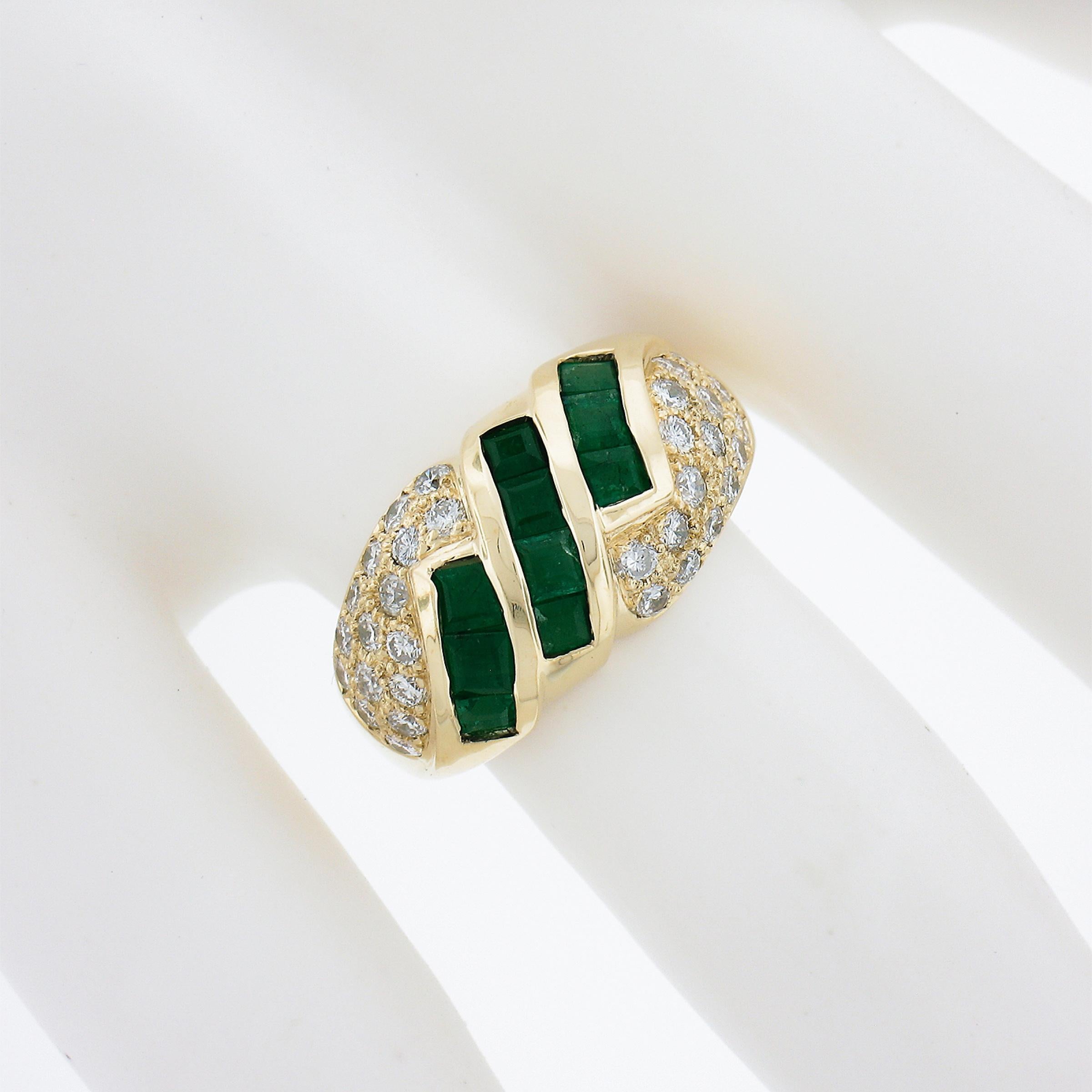 Square Cut 18k Gold 1.65ctw Square Step Cut Emerald w/ Diamond Domed Statement Band Ring For Sale