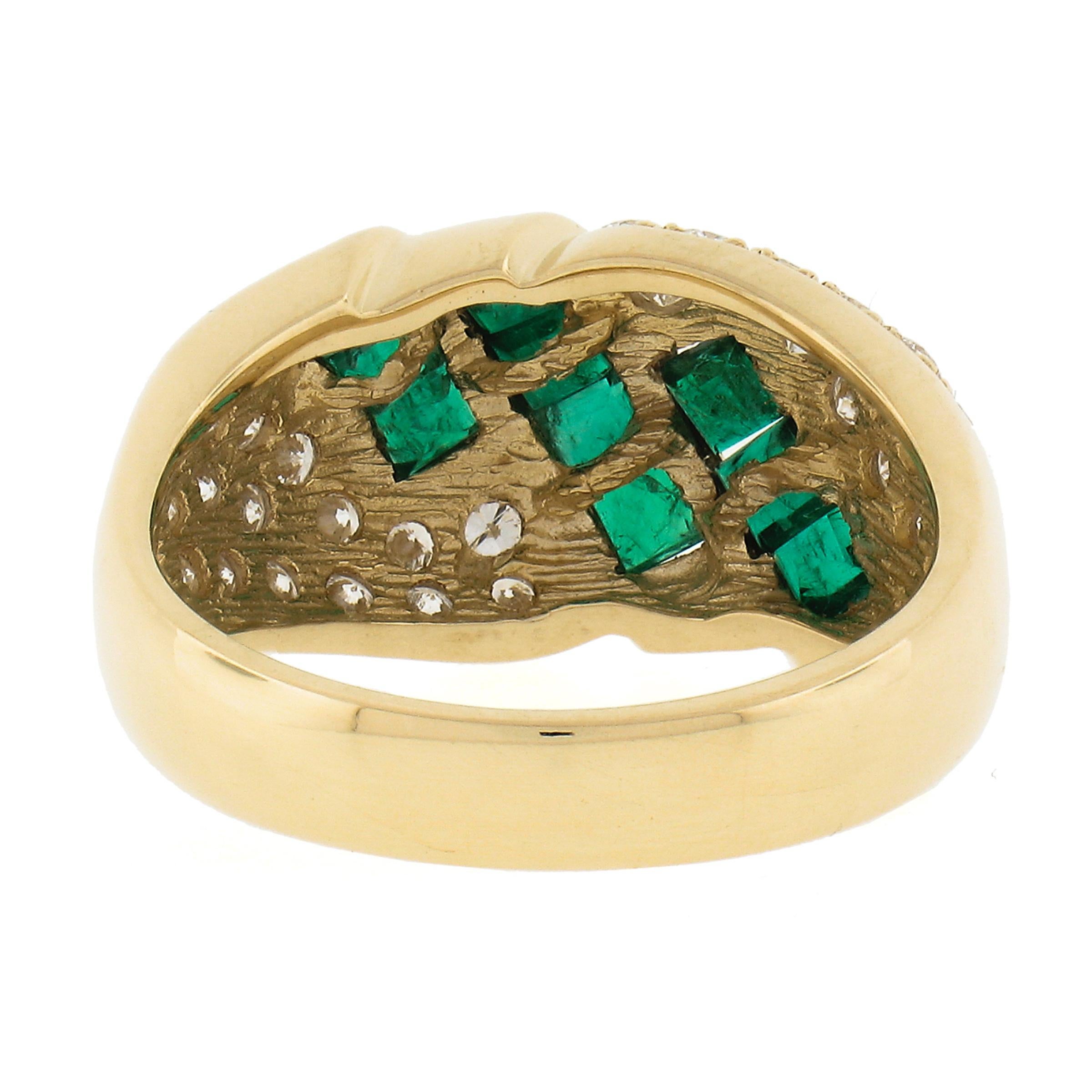 18k Gold 1.65ctw Square Step Cut Emerald w/ Diamond Domed Statement Band Ring For Sale 1