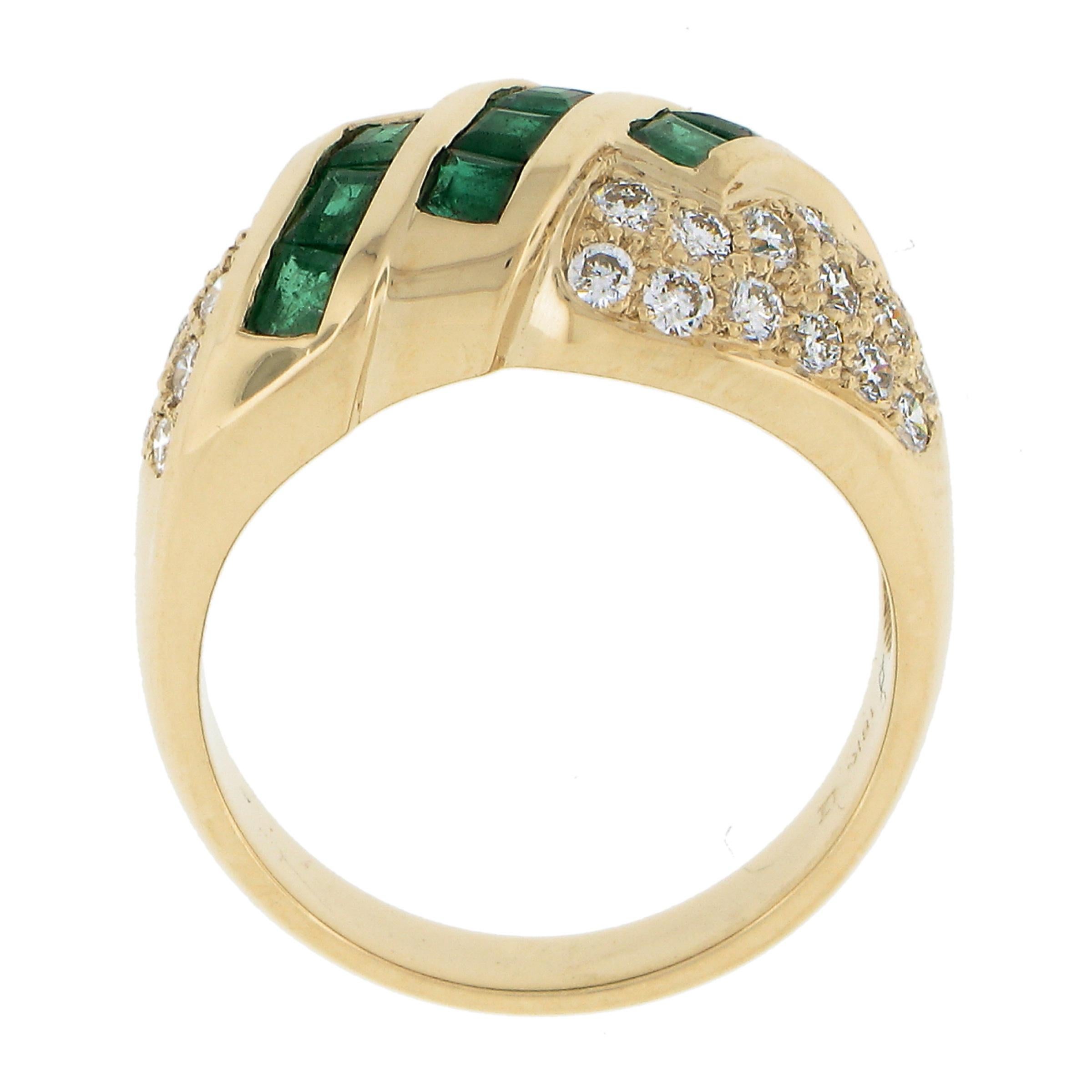 18k Gold 1.65ctw Square Step Cut Emerald w/ Diamond Domed Statement Band Ring For Sale 2