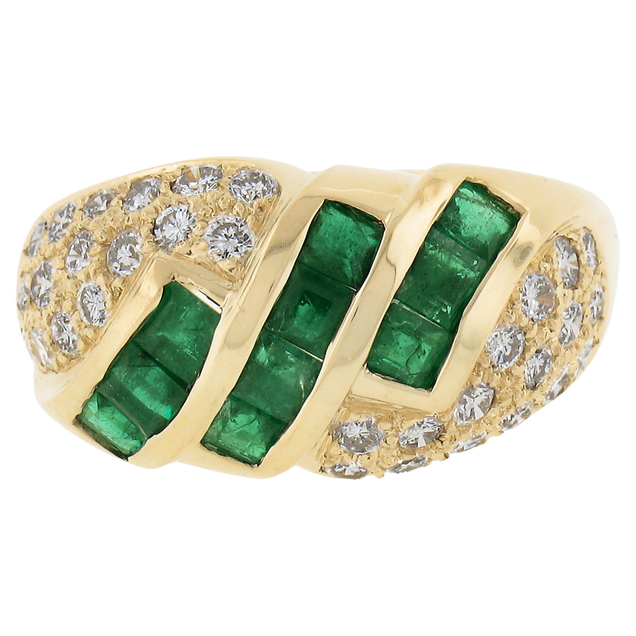 18k Gold 1.65ctw Square Step Cut Emerald w/ Diamond Domed Statement Band Ring For Sale