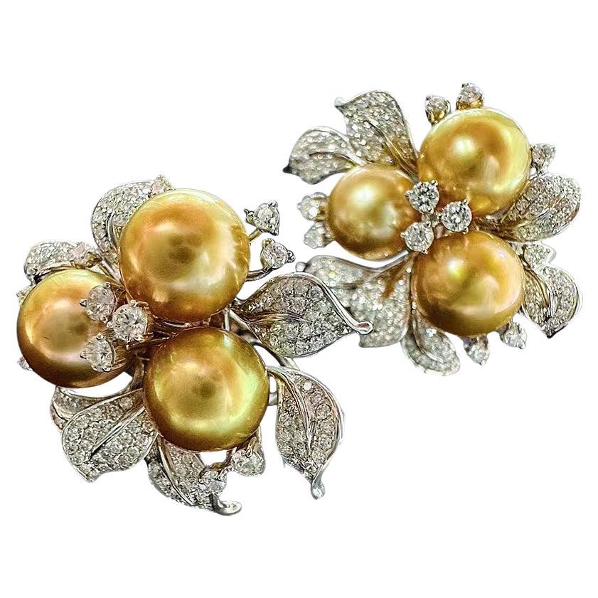 【Vine Symphony】Golden Camellia Aurora South Sea Pearl & Diamond Earrings
