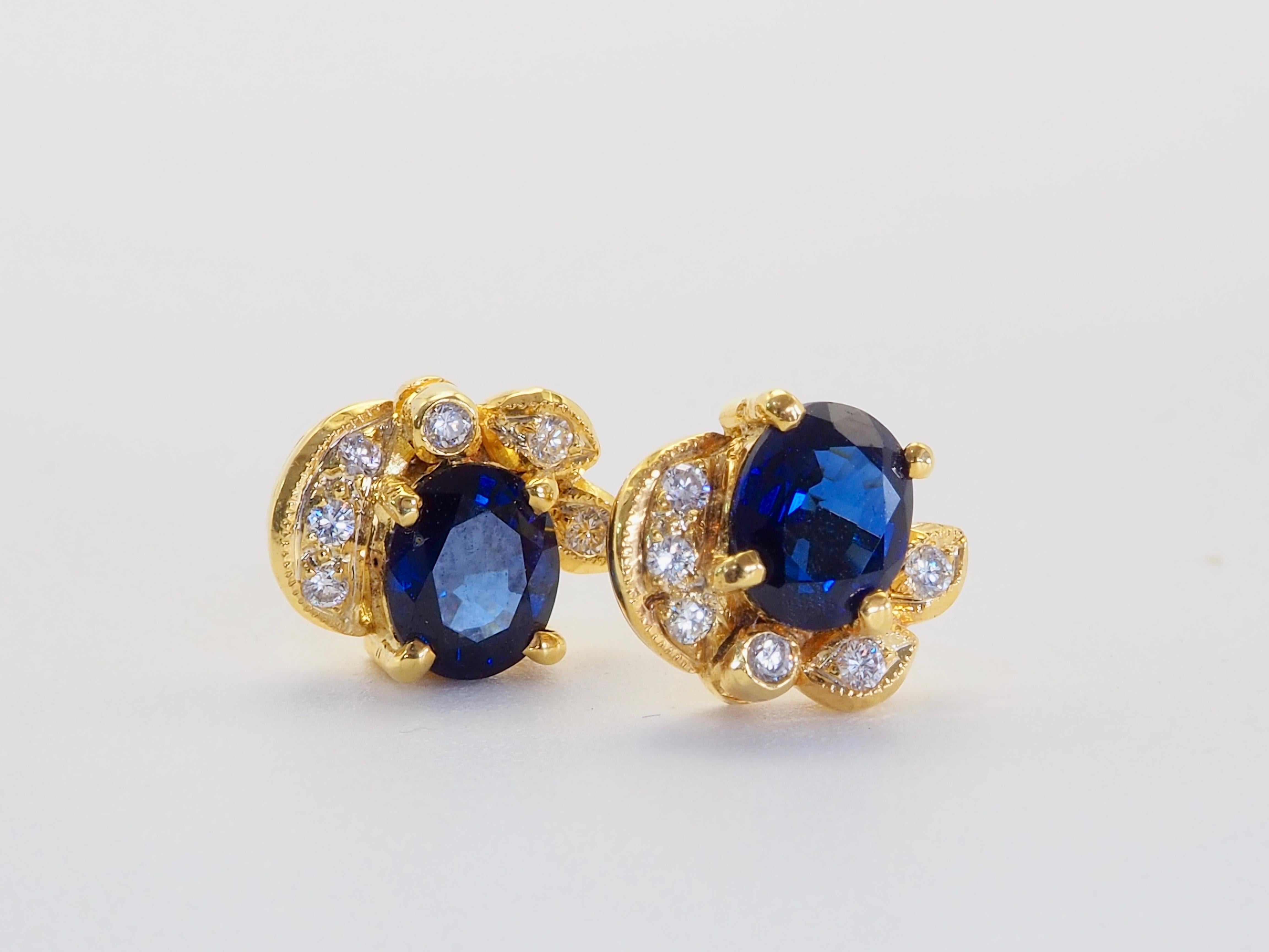 Oval Cut 18K Gold 1.70ct Blue Sapphire & 0.12ct Diamond Floral Stud Earrings For Sale