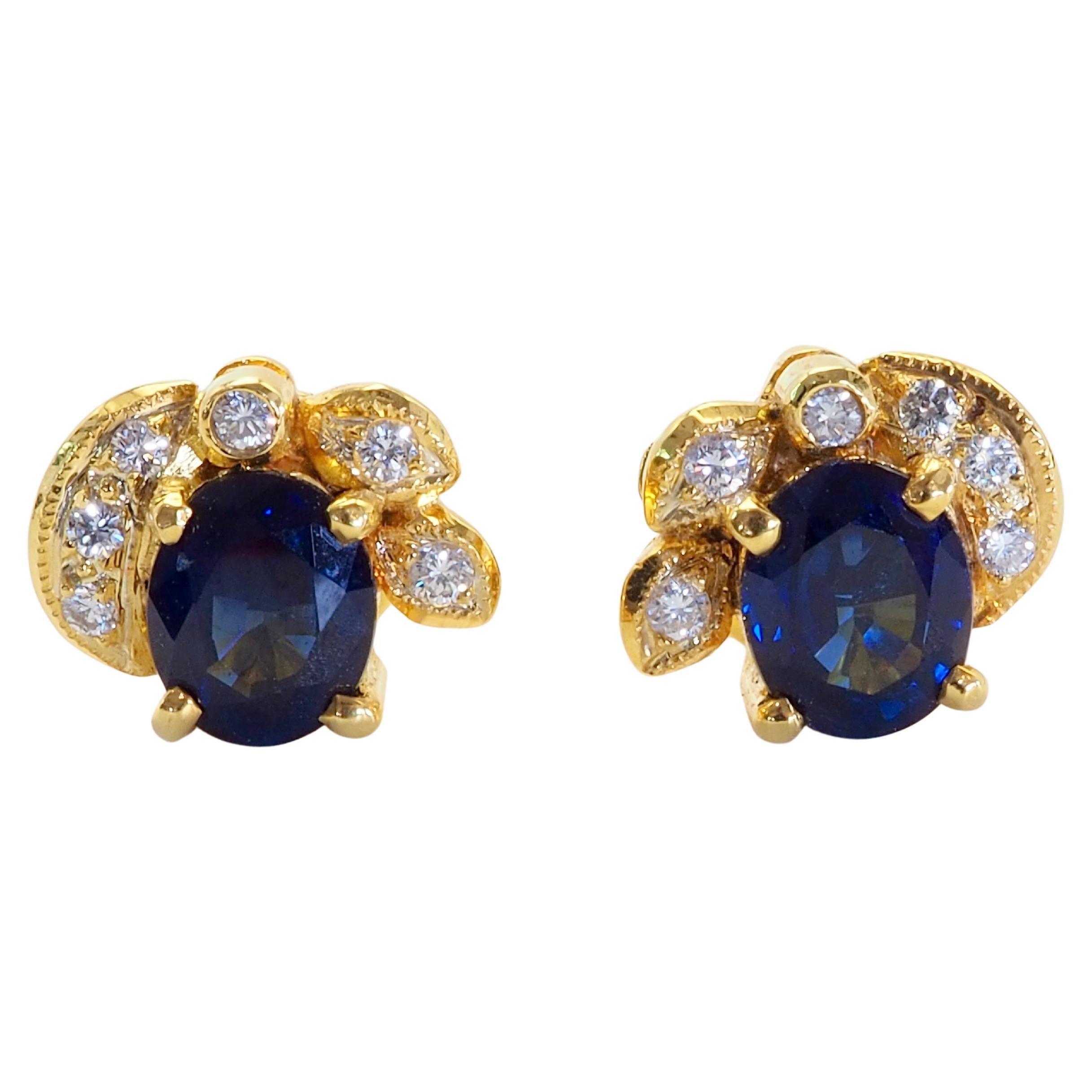 18K Gold 1.70ct Blue Sapphire & 0.12ct Diamond Floral Stud Earrings