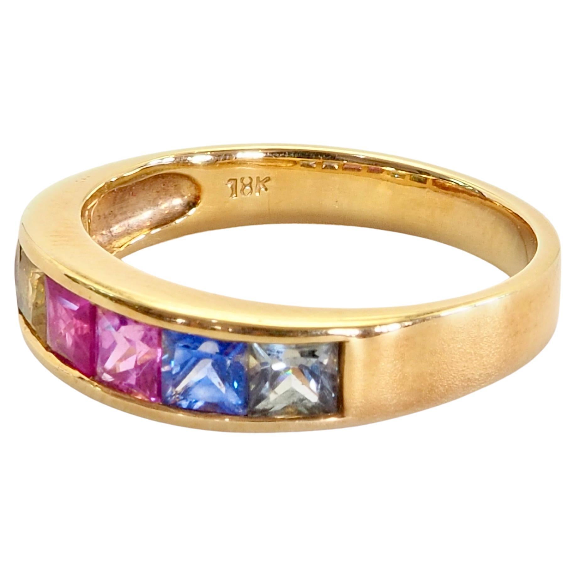 Square Cut 18K Gold 1.70ct Squared Rainbow Sapphires Band Ring
