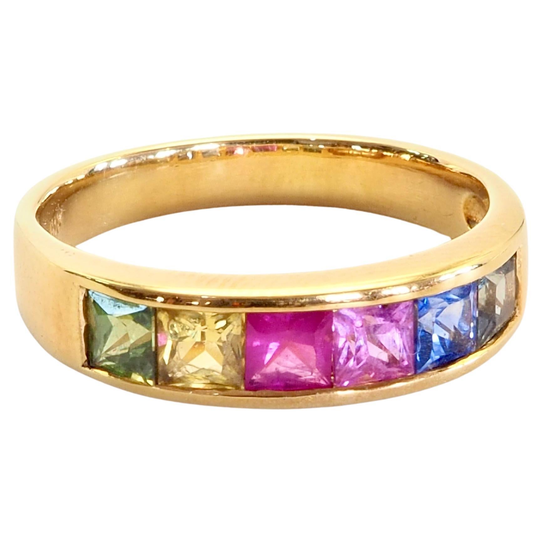 Women's or Men's 18K Gold 1.70ct Squared Rainbow Sapphires Band Ring