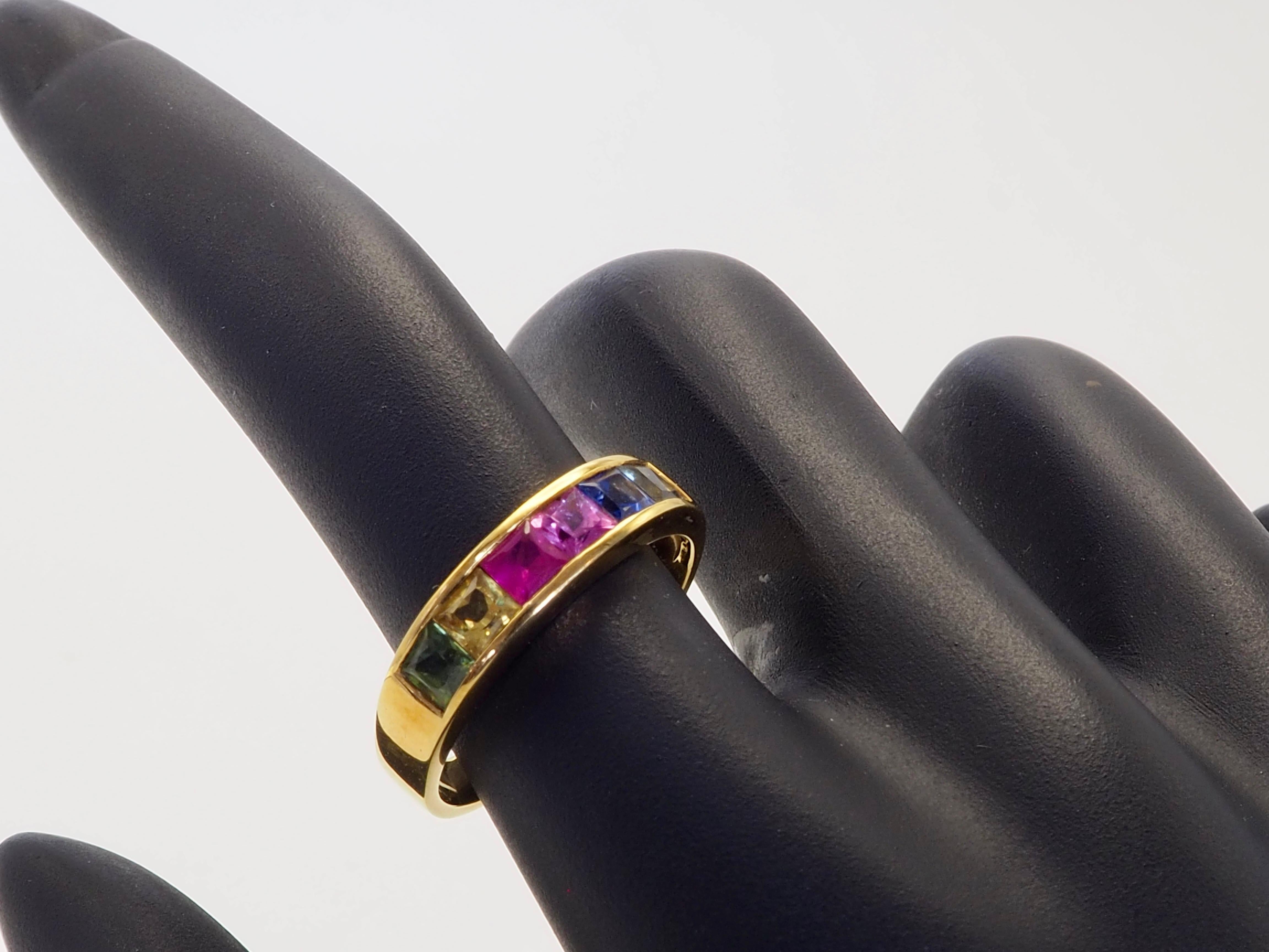 18K Gold 1.70ct Squared Rainbow Sapphires Band Ring 4