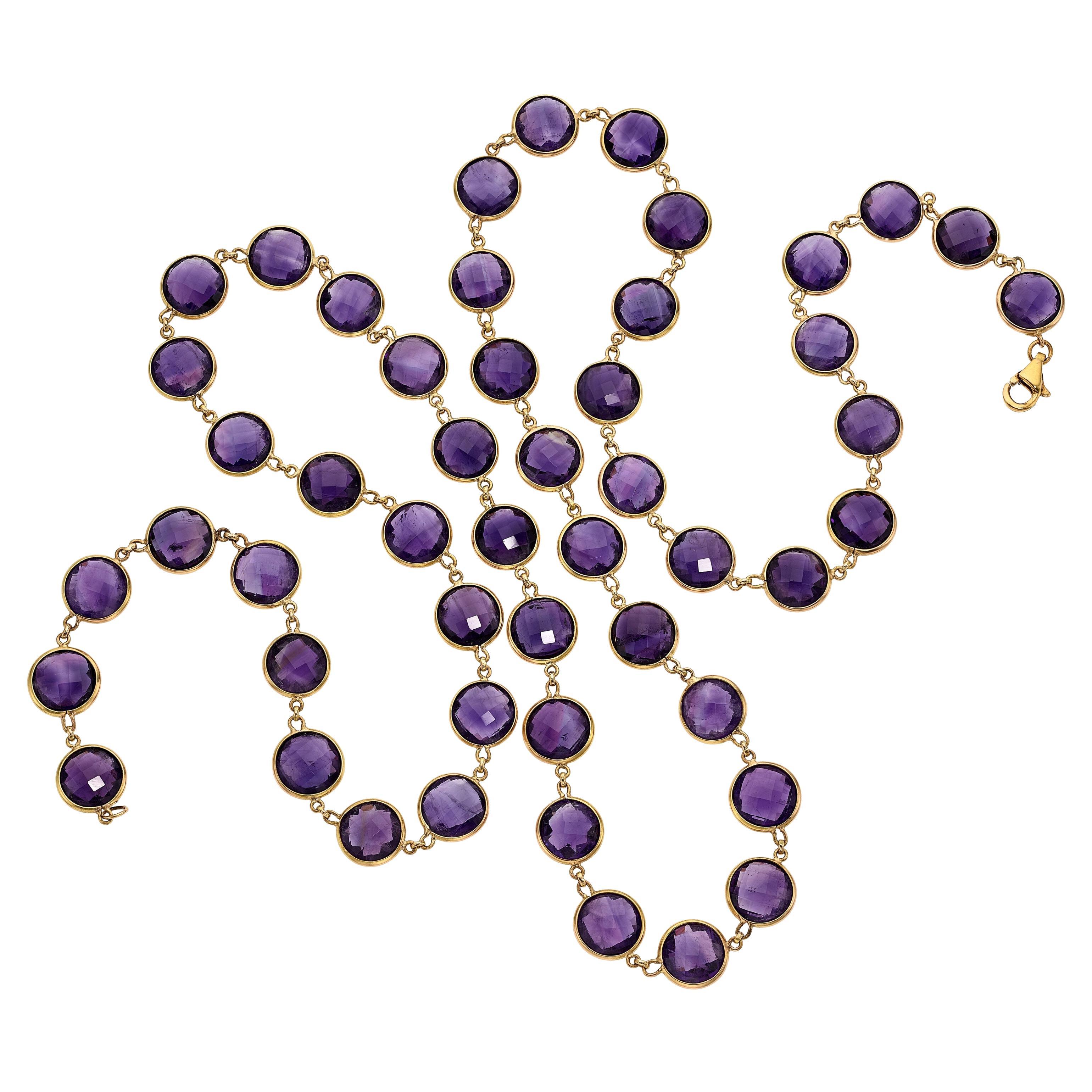 18k Gold 170ctw Double-Cabochon Amethyst Strand Necklace 38" 81.3g