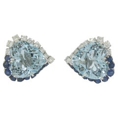 18k Gold 17.41ctw GIA Heart Aquamarine Round Sapphire & Diamond Omega Earrings