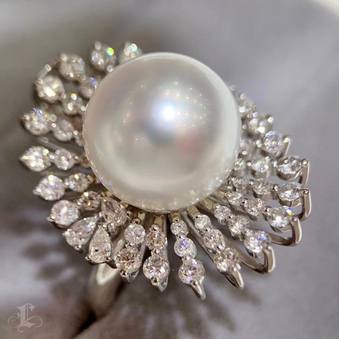 Women's 【Crown Radiance】Convertible Sunflare Halo South Sea Pearl Diamond Ring-Pendant For Sale