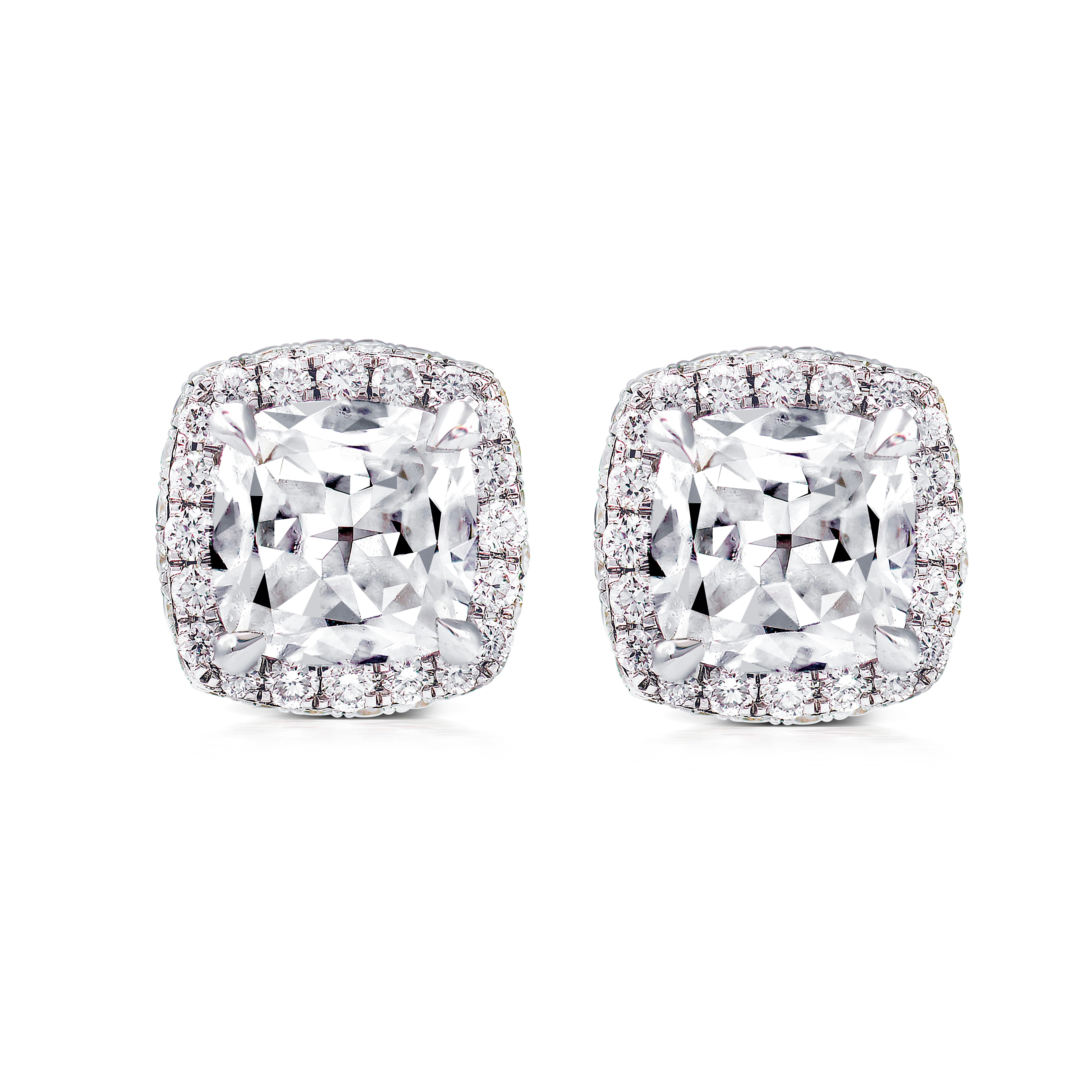 Contemporary 18k Gold 1.77 Carat Old Cut Cushion Diamond Halo Earrings Studs Earrings For Sale