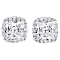 18k Gold 1.77 Carat Old Cut Cushion Diamond Halo Earrings Studs Earrings