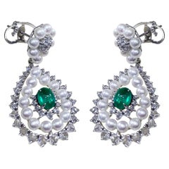 【Jādora】Imperial Teardrop Baby Akoya Pearl Emerald Diamond Earrings