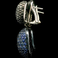 18k Gold 17ctw Pave Black Diamond Sapphire Day Night Dangle Drop Omega Earrings