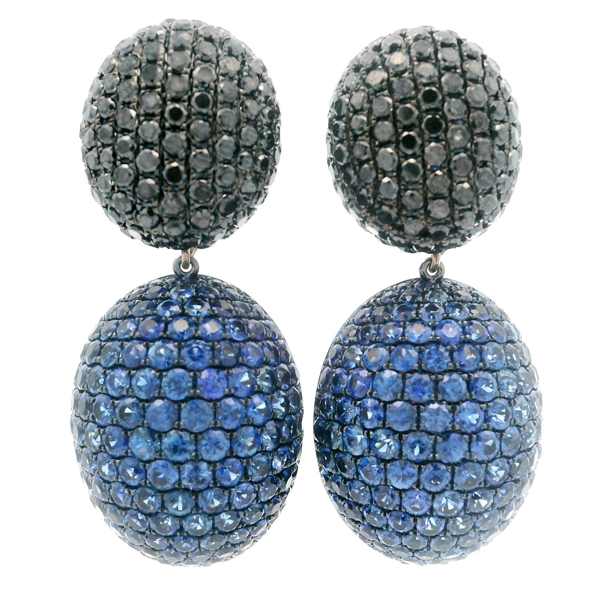 18 Karat Gold 17 Karat Pave Schwarzer Diamant Saphir Tag Nacht Ohrhänger Omega Ohrringe mit Tropfen im Angebot 4